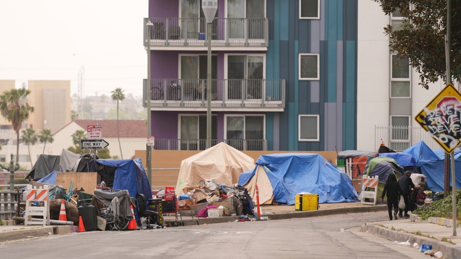 FILE - Tents are set up along a freeway in a homeless encampment, May 12, 2025, in Los Angeles. (AP Photo/Damian Dovarganes, File)