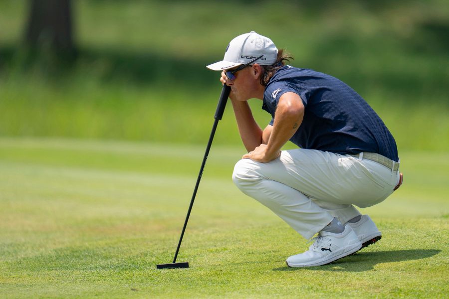 Rickie Fowler lines up a putt on the third green during the second round of the 3M Open golf tournament at TPC Twin Cities in Blaine, Minn., Friday, July 25, 2025. (Alex Kormann/Star Tribune via AP)