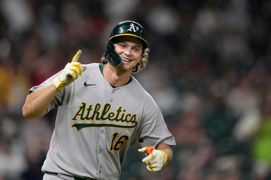Athletics' Nick Kurtz celebrates after hitting a three-run home against the Houston Astros during the ninth inning of a baseball game Friday, July 25, 2025, in Houston. (AP Photo/David J. Phillip)