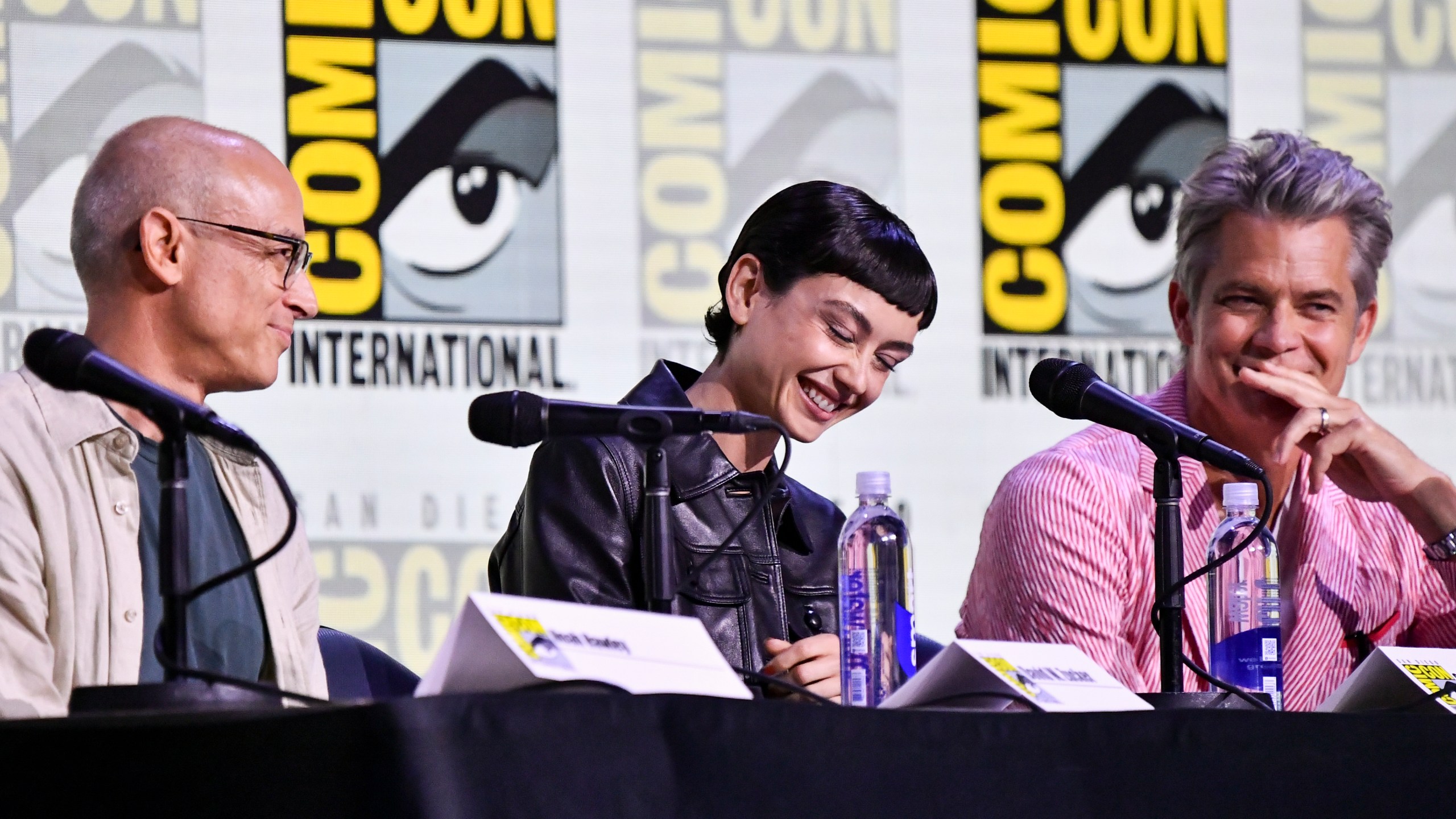 David W. Zucker, from left, Sydney Chandler, and Timothy Olyphant attend a panel for "Alien: Earth" during Comic-Con International on Friday, July 25, 2025, in San Diego. (Photo by Richard Shotwell/Invision/AP)