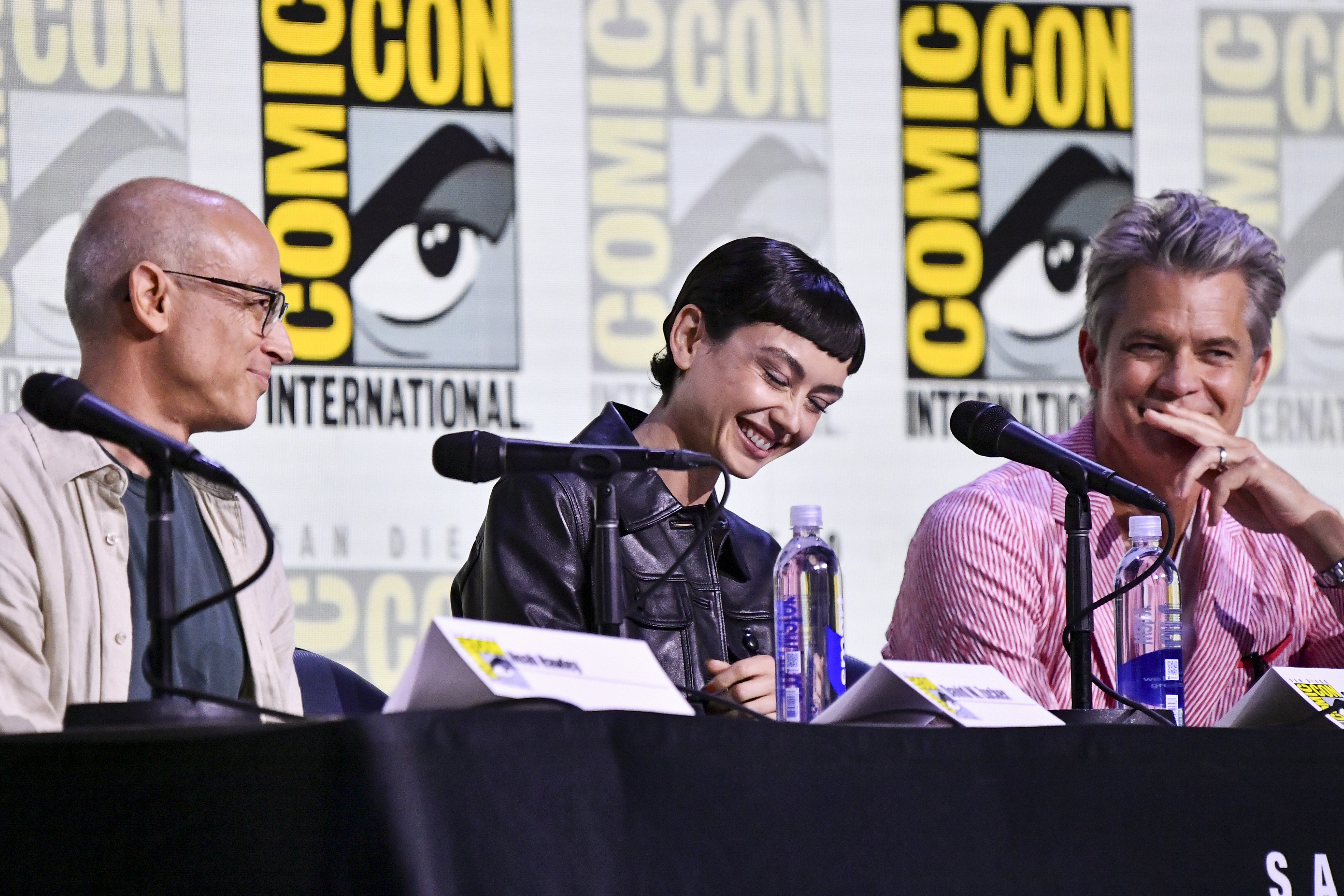 David W. Zucker, from left, Sydney Chandler, and Timothy Olyphant attend a panel for "Alien: Earth" during Comic-Con International on Friday, July 25, 2025, in San Diego. (Photo by Richard Shotwell/Invision/AP)