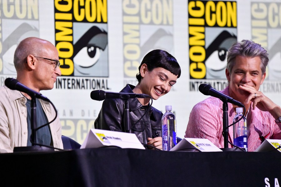 David W. Zucker, from left, Sydney Chandler, and Timothy Olyphant attend a panel for "Alien: Earth" during Comic-Con International on Friday, July 25, 2025, in San Diego. (Photo by Richard Shotwell/Invision/AP)