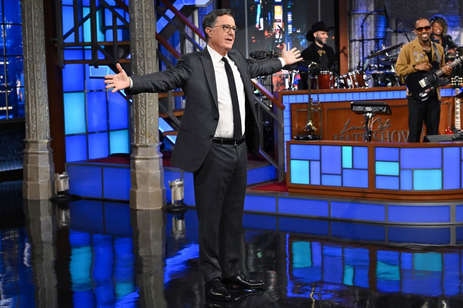 This image released by CBS shows Stephen Colbert during a taping of "The Late Show with Stephen Colbert" on Monday, July 21, 2025, in New York. (Scott Kowalchyk/CBS via AP)