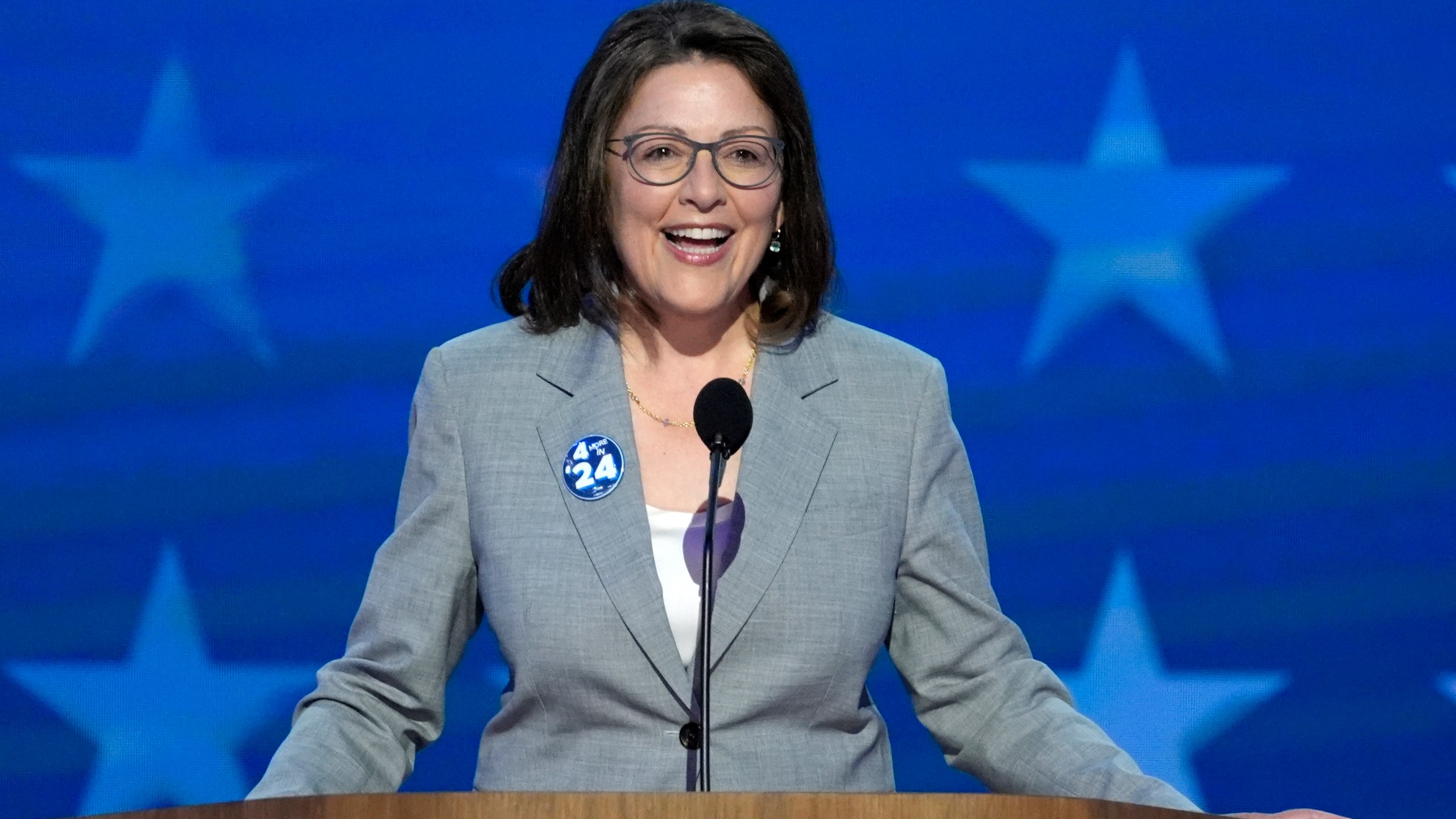 FILE - Rep. Suzan Delbene, D-Wash., speaks during the Democratic National Convention, Aug. 21, 2024, in Chicago. (AP Photo/J. Scott Applewhite, File)