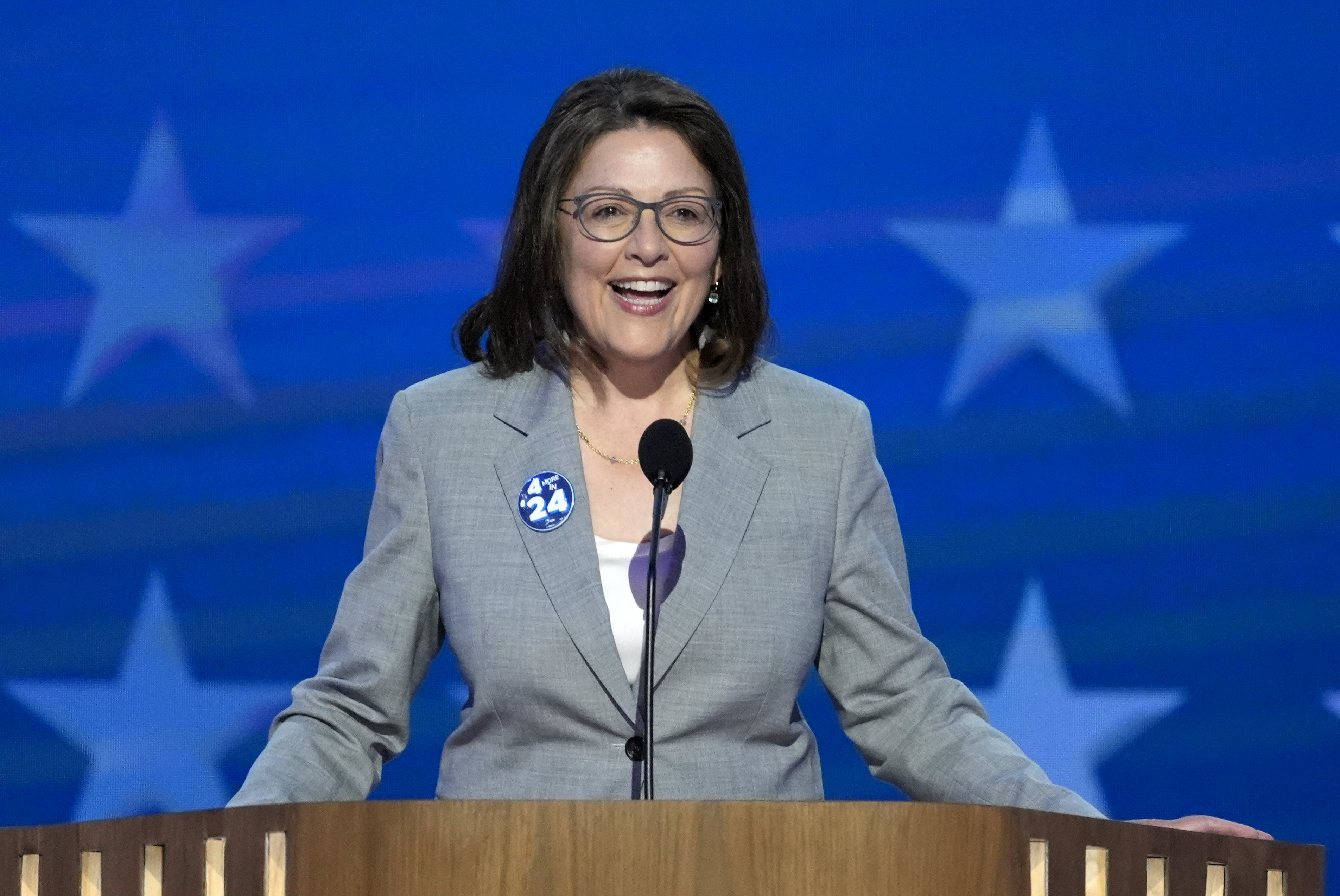 FILE - Rep. Suzan Delbene, D-Wash., speaks during the Democratic National Convention, Aug. 21, 2024, in Chicago. (AP Photo/J. Scott Applewhite, File)