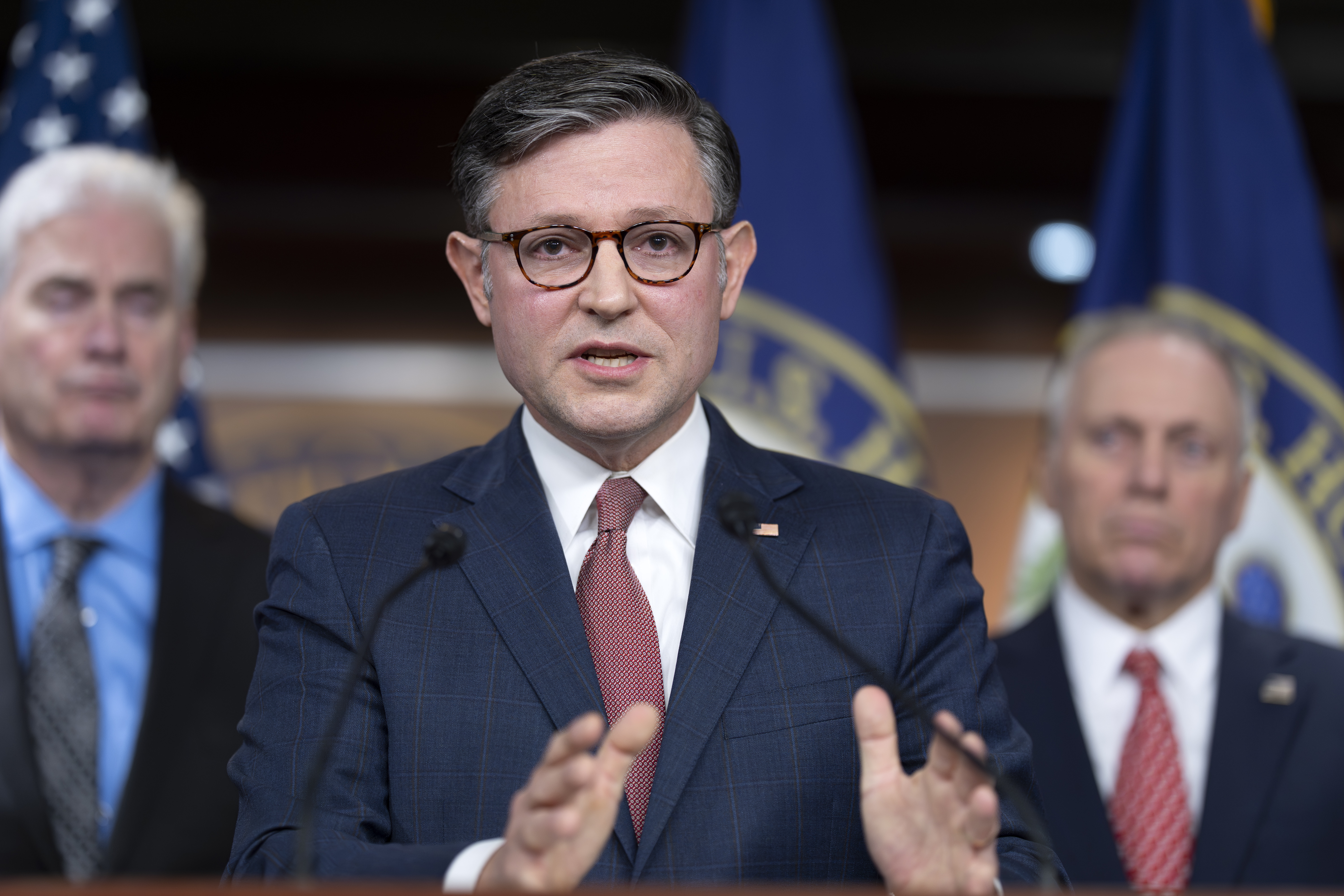 Speaker of the House Mike Johnson, R-La., flanked by Majority Whip Tom Emmer, R-Minn., left, and Majority Leader Steve Scalise, R-La., blames Democrats, former President Joe Biden, and Republican lawmaker Thomas Massie of Kentucky, over the Jeffrey Epstein situation, during a news conference at the Capitol in Washington, Tuesday, July 22, 2025. (AP Photo/J. Scott Applewhite)