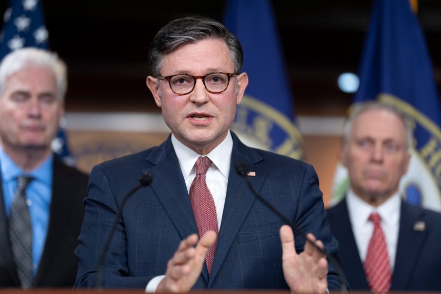 Speaker of the House Mike Johnson, R-La., flanked by Majority Whip Tom Emmer, R-Minn., left, and Majority Leader Steve Scalise, R-La., blames Democrats, former President Joe Biden, and Republican lawmaker Thomas Massie of Kentucky, over the Jeffrey Epstein situation, during a news conference at the Capitol in Washington, Tuesday, July 22, 2025. (AP Photo/J. Scott Applewhite)