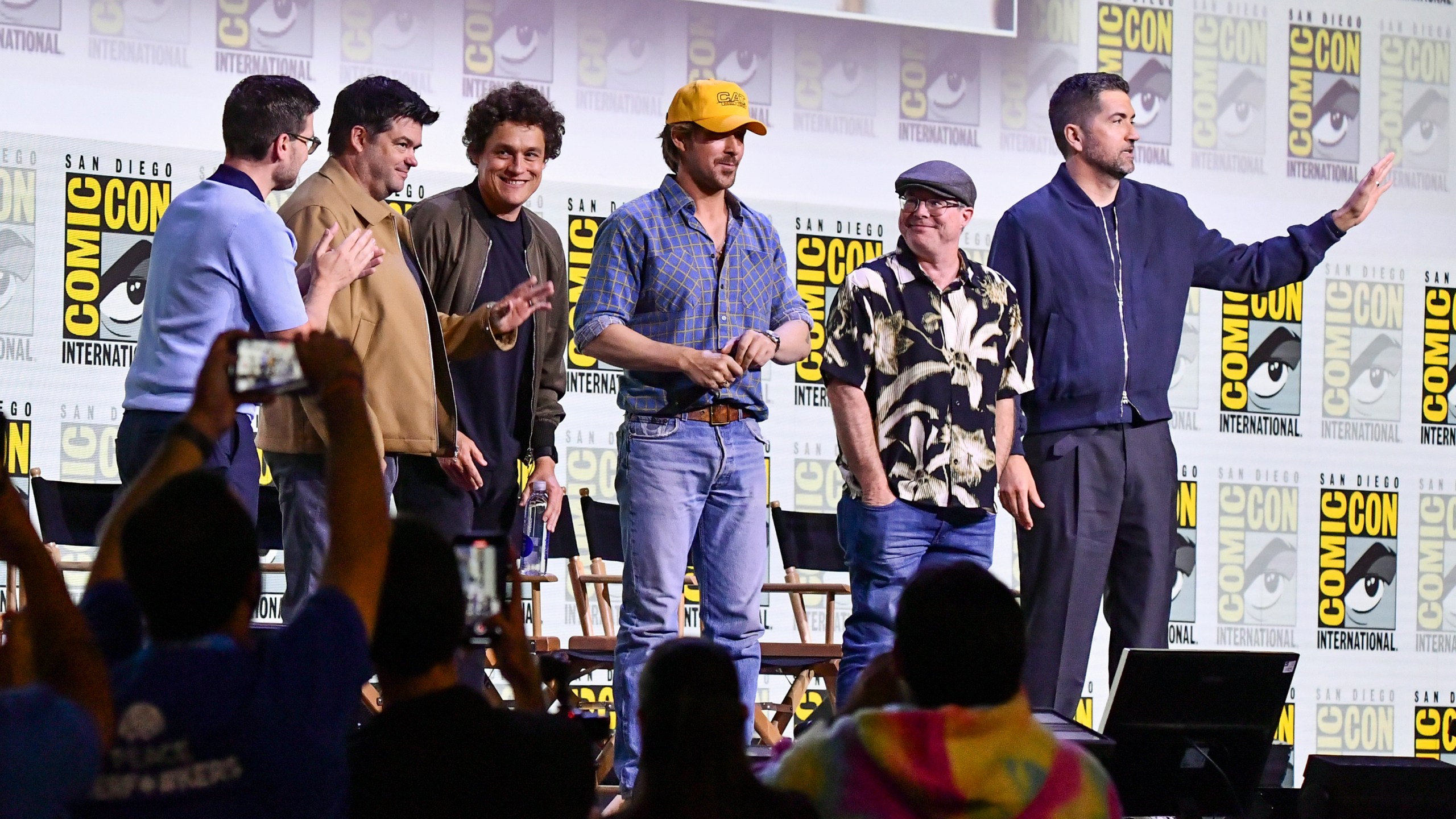 Josh Horowitz, from left, director Christopher Miller, director Phil Lord, Ryan Gosling, Andy Weir, and Drew Goddard attend a panel for "Project Hail Mary" during Comic-Con International on Saturday, July 26, 2025, in San Diego. (Photo by Richard Shotwell/Invision/AP)