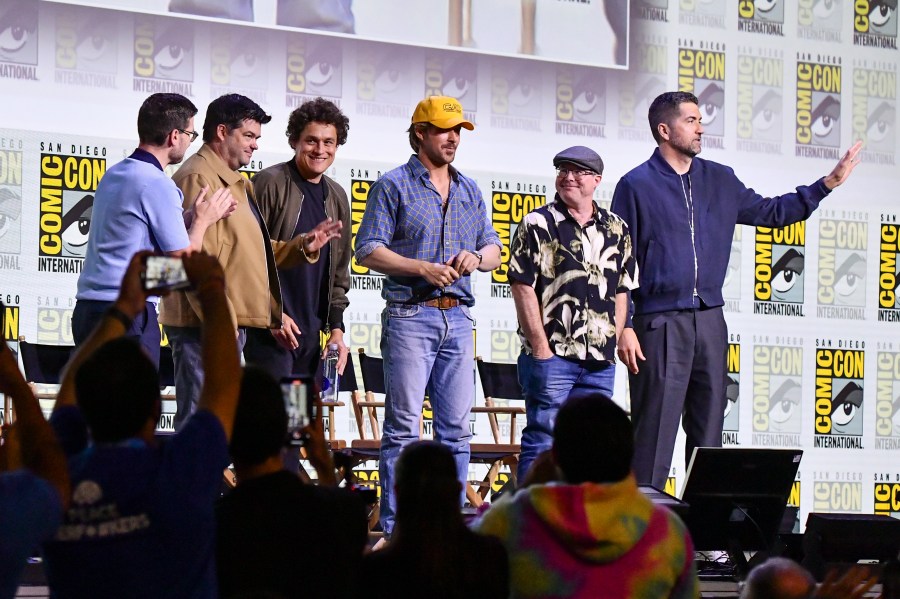 Josh Horowitz, from left, director Christopher Miller, director Phil Lord, Ryan Gosling, Andy Weir, and Drew Goddard attend a panel for "Project Hail Mary" during Comic-Con International on Saturday, July 26, 2025, in San Diego. (Photo by Richard Shotwell/Invision/AP)