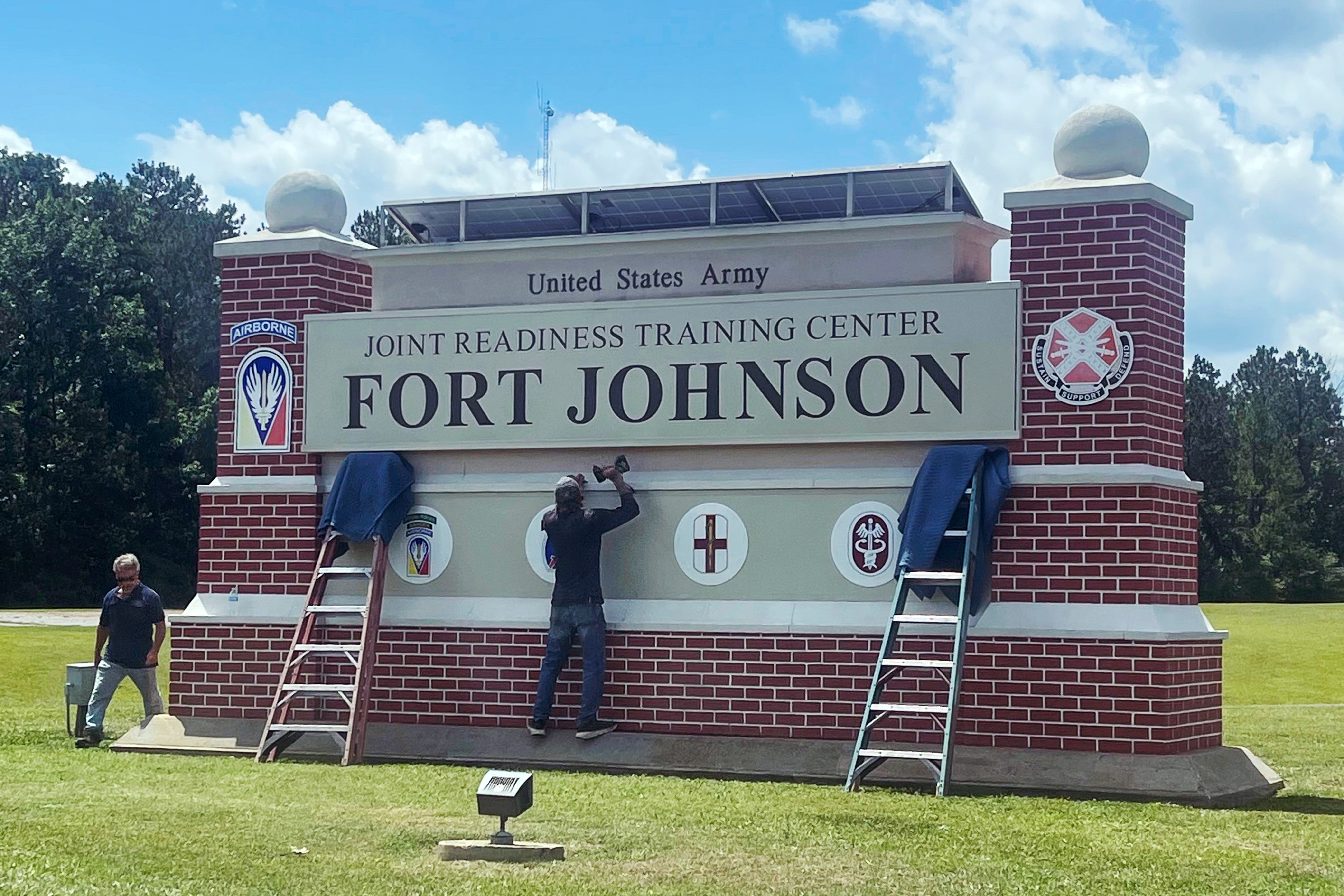 FILE - A sign at west Louisiana U.S. Army base displays the base's new name in Vernon Parish, La., June 13, 2023. (Crystal Stevenson/The American Press via AP, File)