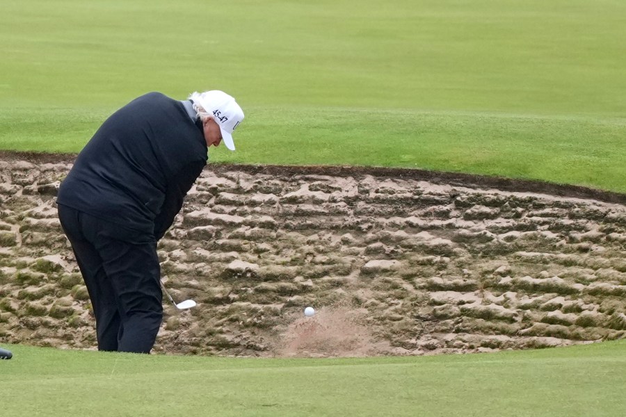 President Donald Trump plays golf at the Trump Turnberry golf course in Turnberry, Scotland, Sunday, July 27, 2025.(AP Photo/Alastair Grant)