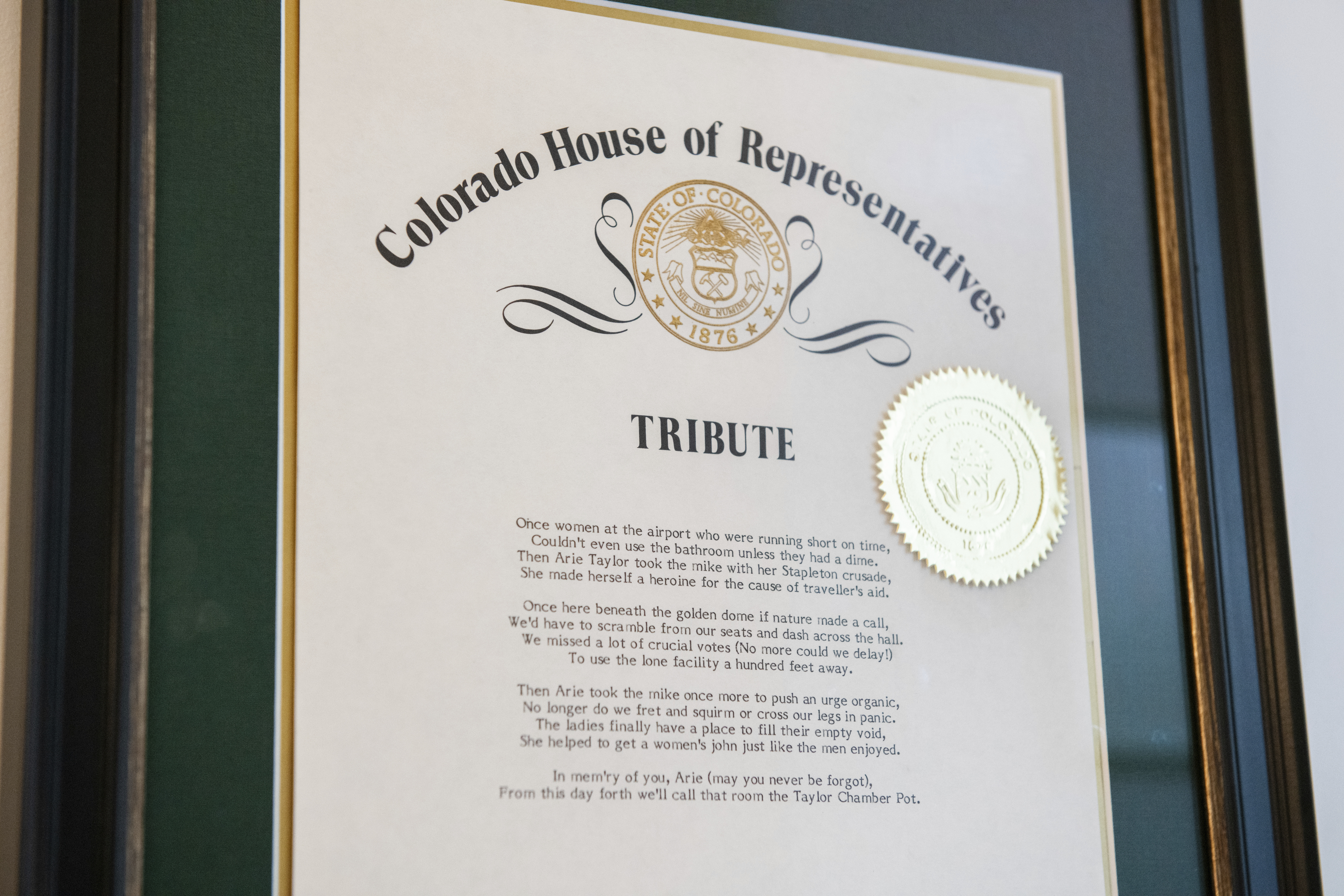 A plaque memorializing when the restroom was created in 1987 in the women's restroom in the House chamber's hallway at the state Capitol on Monday, July 21, 2025, in Denver. (AP Photo/Rachel Woolf)