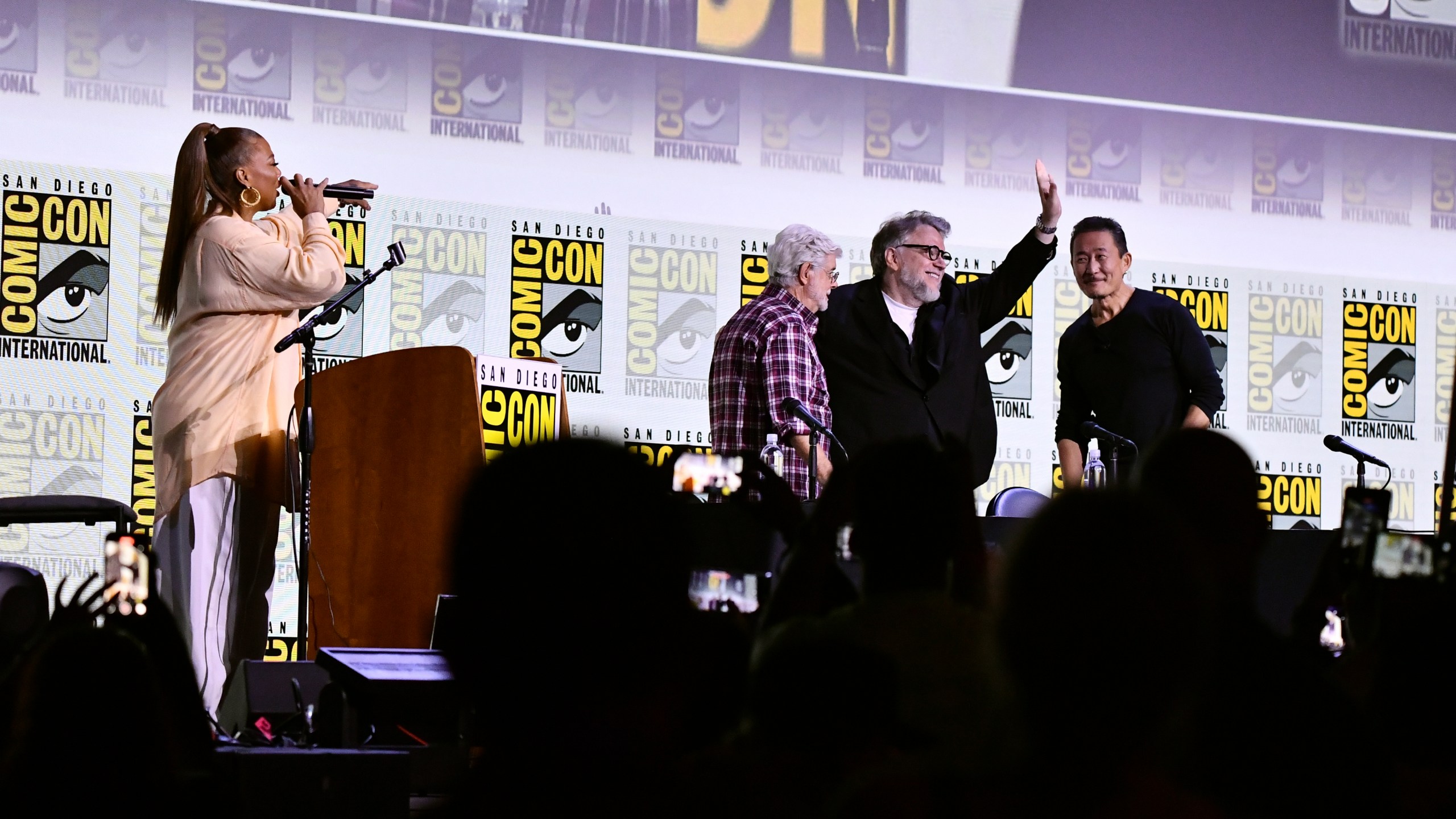 Queen Latifah, from left, George Lucas, Guillermo del Toro, and Doug Chiang attend a panel for the Lucas Museum of Narrative Art during Comic-Con International on Sunday, July 27, 2025, in San Diego. (Photo by Richard Shotwell/Invision/AP)