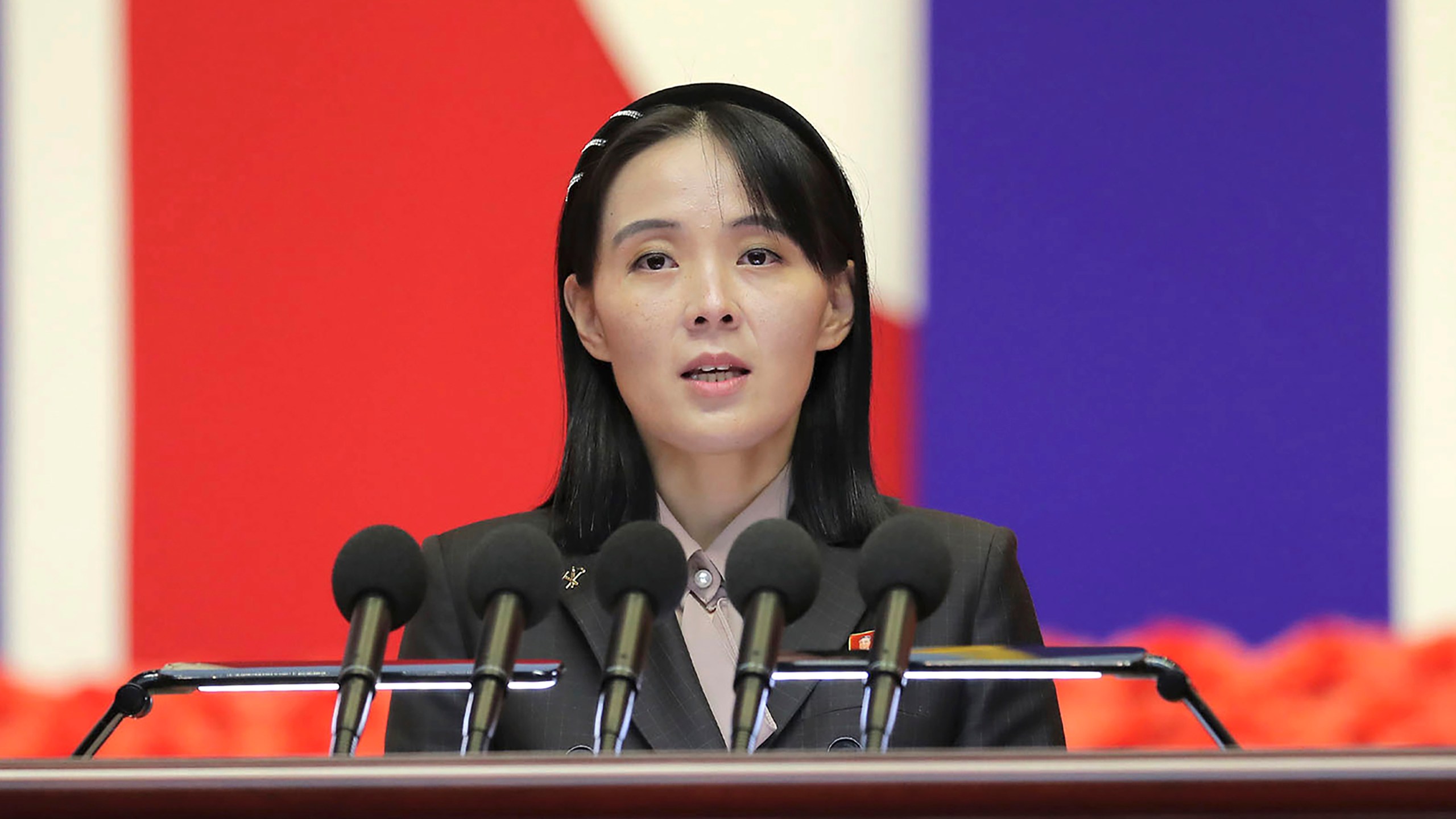 FILE - This photo provided by the North Korean government, Kim Yo Jong, sister of North Korean leader Kim Jong Un, delivers a speech during a national meeting against the coronavirus, in Pyongyang, North Korea, on Aug. 10, 2022. Independent journalists were not given access to cover the event depicted in this image distributed by the North Korean government. The content of this image is as provided and cannot be independently verified. (Korean Central News Agency/Korea News Service via AP, File)