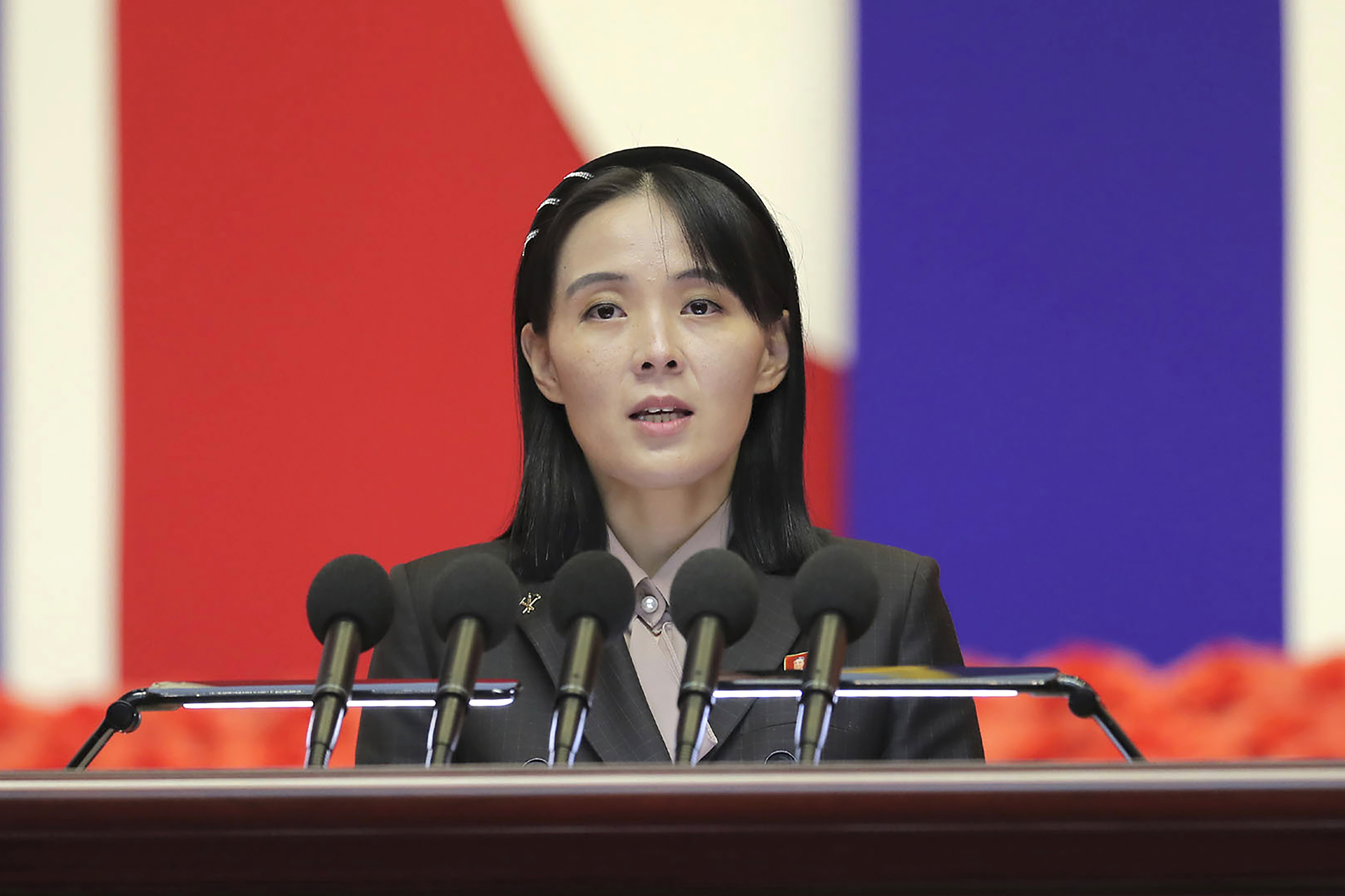 FILE - This photo provided by the North Korean government, Kim Yo Jong, sister of North Korean leader Kim Jong Un, delivers a speech during a national meeting against the coronavirus, in Pyongyang, North Korea, on Aug. 10, 2022. Independent journalists were not given access to cover the event depicted in this image distributed by the North Korean government. The content of this image is as provided and cannot be independently verified. (Korean Central News Agency/Korea News Service via AP, File)
