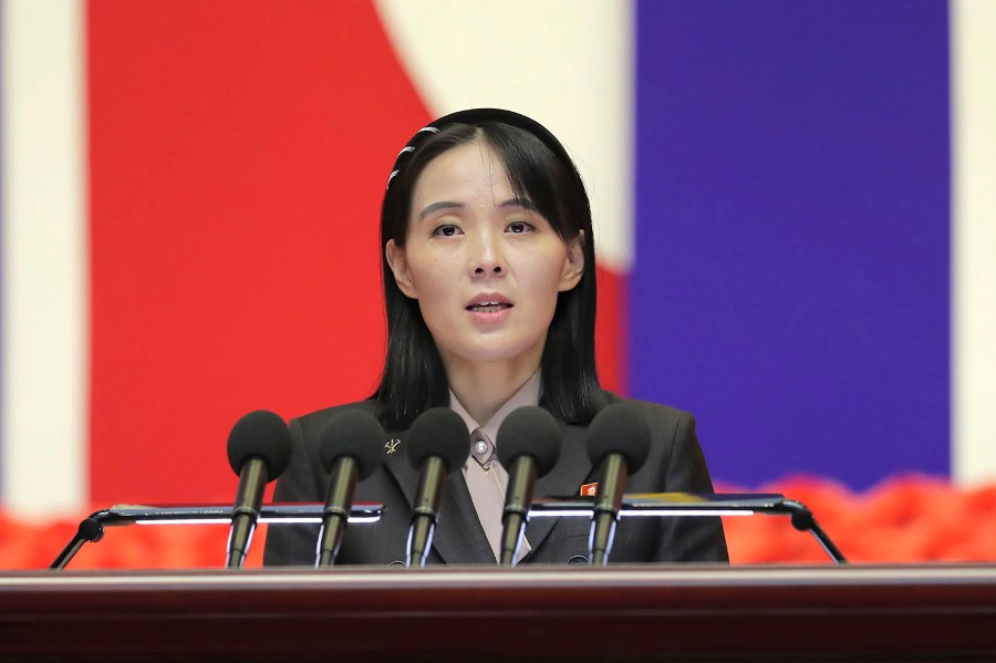FILE - This photo provided by the North Korean government, Kim Yo Jong, sister of North Korean leader Kim Jong Un, delivers a speech during a national meeting against the coronavirus, in Pyongyang, North Korea, on Aug. 10, 2022. Independent journalists were not given access to cover the event depicted in this image distributed by the North Korean government. The content of this image is as provided and cannot be independently verified. (Korean Central News Agency/Korea News Service via AP, File)