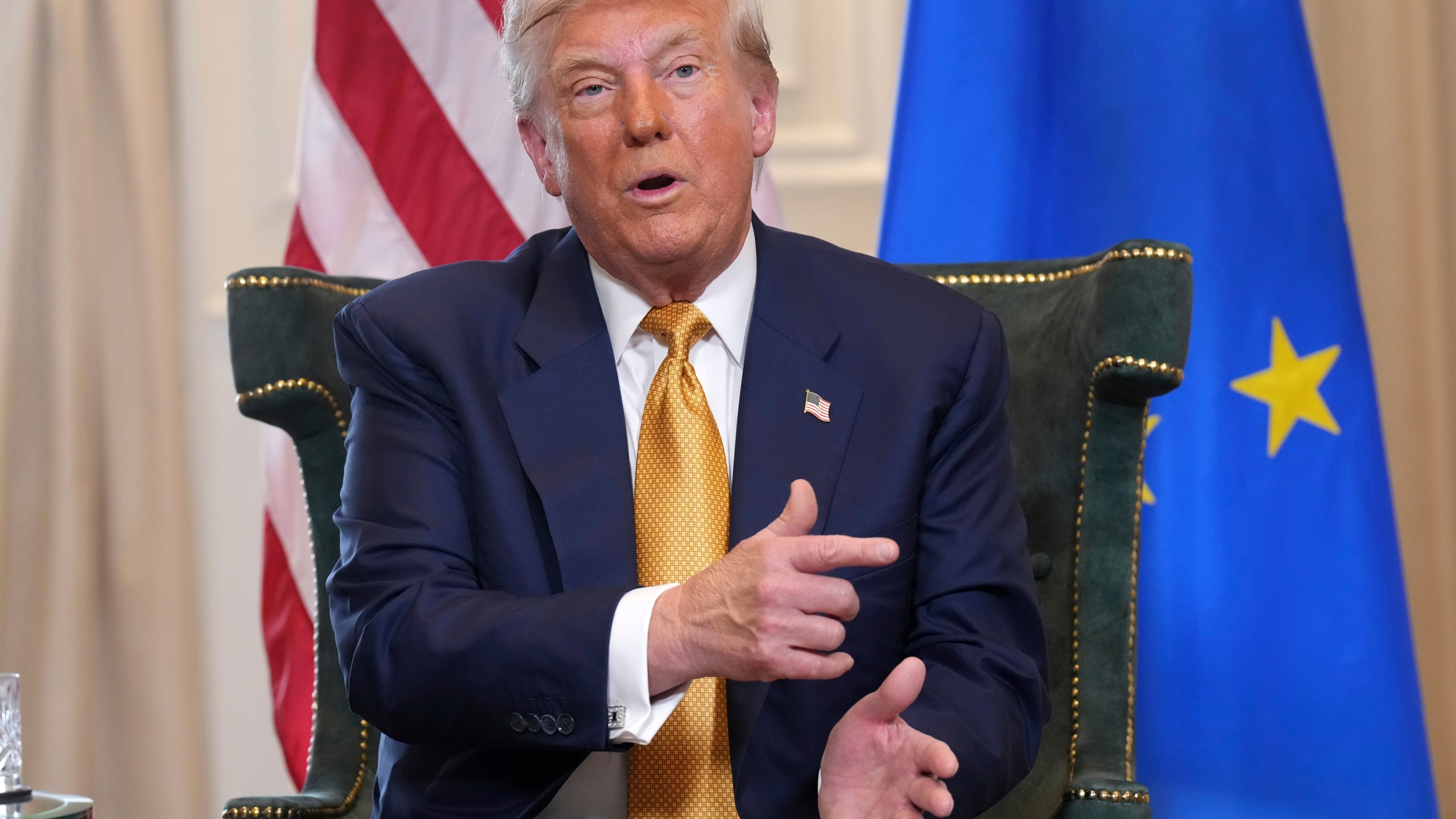 President Donald Trump gestures as he meets European Commission President Ursula von der Leyen at the Trump Turnberry golf course in Turnberry, Scotland Sunday, July 27, 2025. (AP Photo/Jacquelyn Martin)