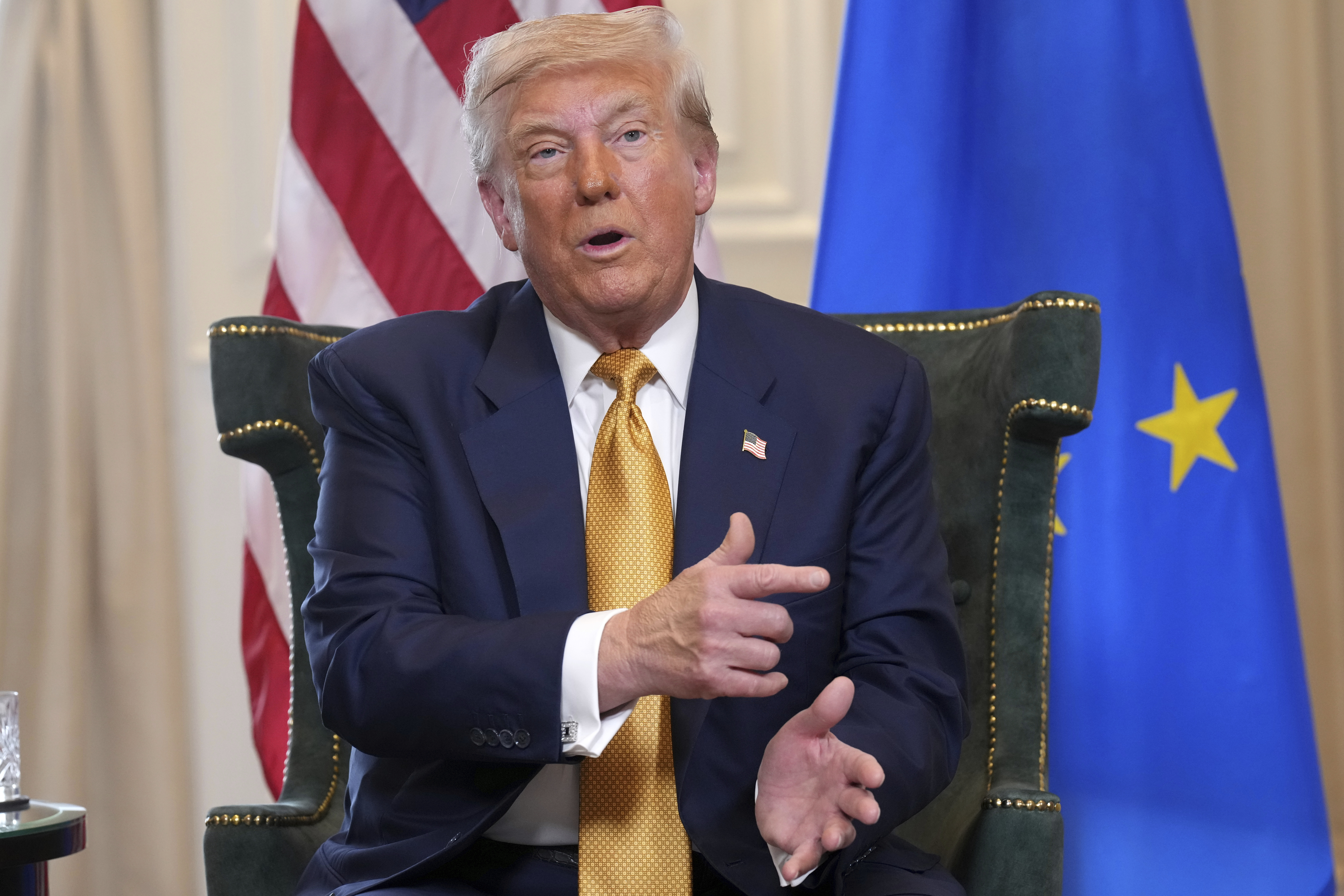 President Donald Trump gestures as he meets European Commission President Ursula von der Leyen at the Trump Turnberry golf course in Turnberry, Scotland Sunday, July 27, 2025. (AP Photo/Jacquelyn Martin)