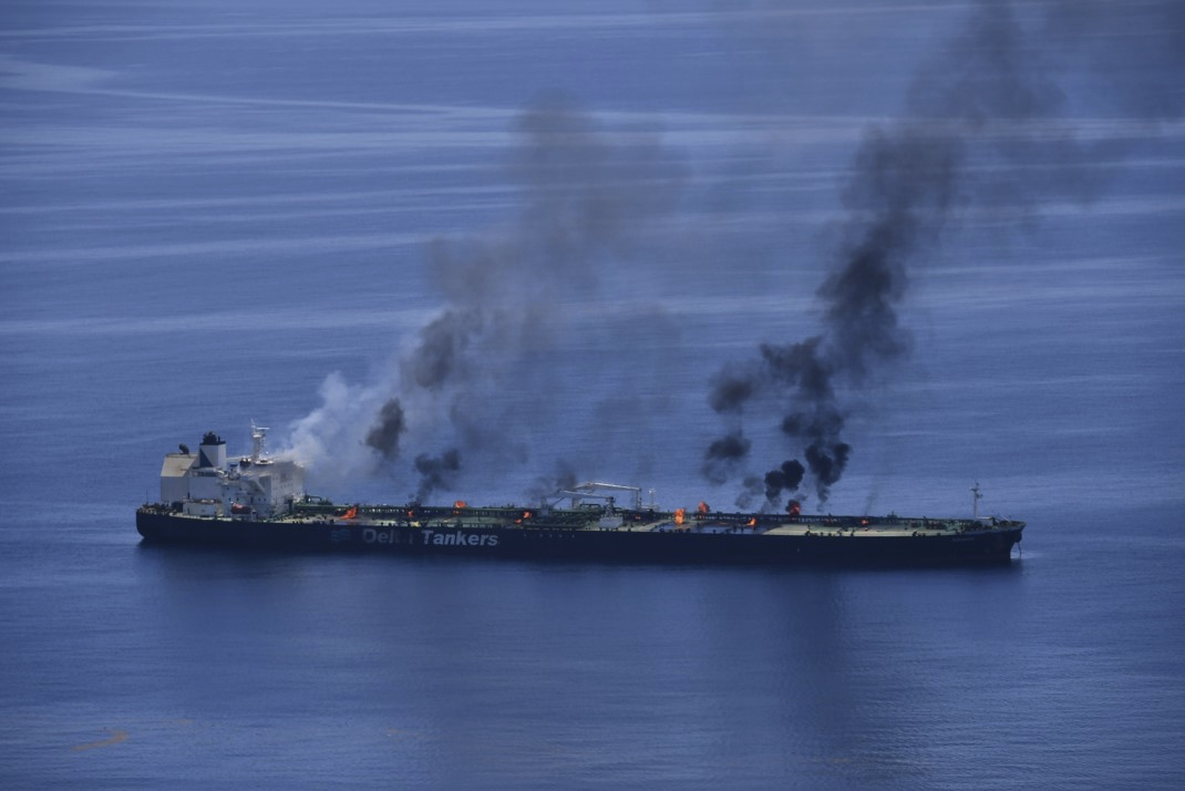 FILE - This photo released by the European Union's Operation Aspides shows fires burning aboard the oil tanker Sounion in the Red Sea on Sunday, Aug. 25, 2024. (European Union's Operation Aspides via AP, File)