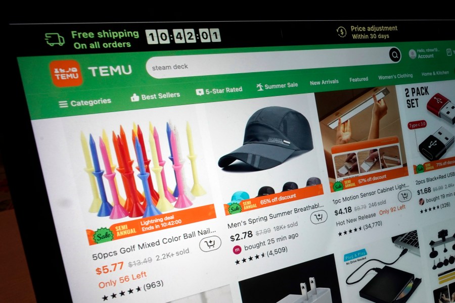 FILE - A page from the Temu website is shown in this photo, in New York, June 23, 2023. (AP Photo/Richard Drew, file)