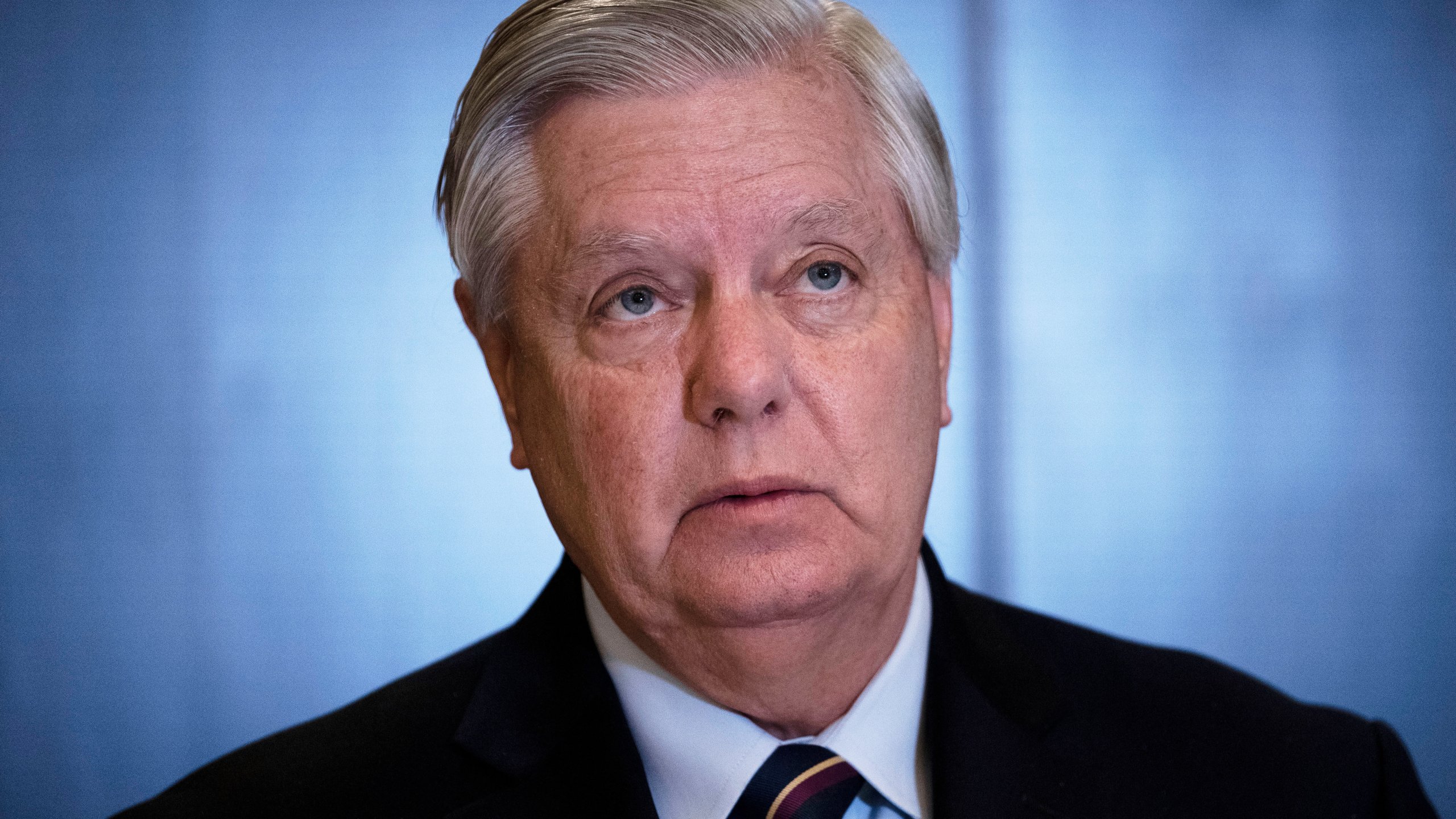 FILE - Sen. Lindsey Graham, R-S.C., listens to journalists at the end of his visit to Israel, in Jerusalem, Wednesday, 2024. (AP Photo/Maya Alleruzzo, File)