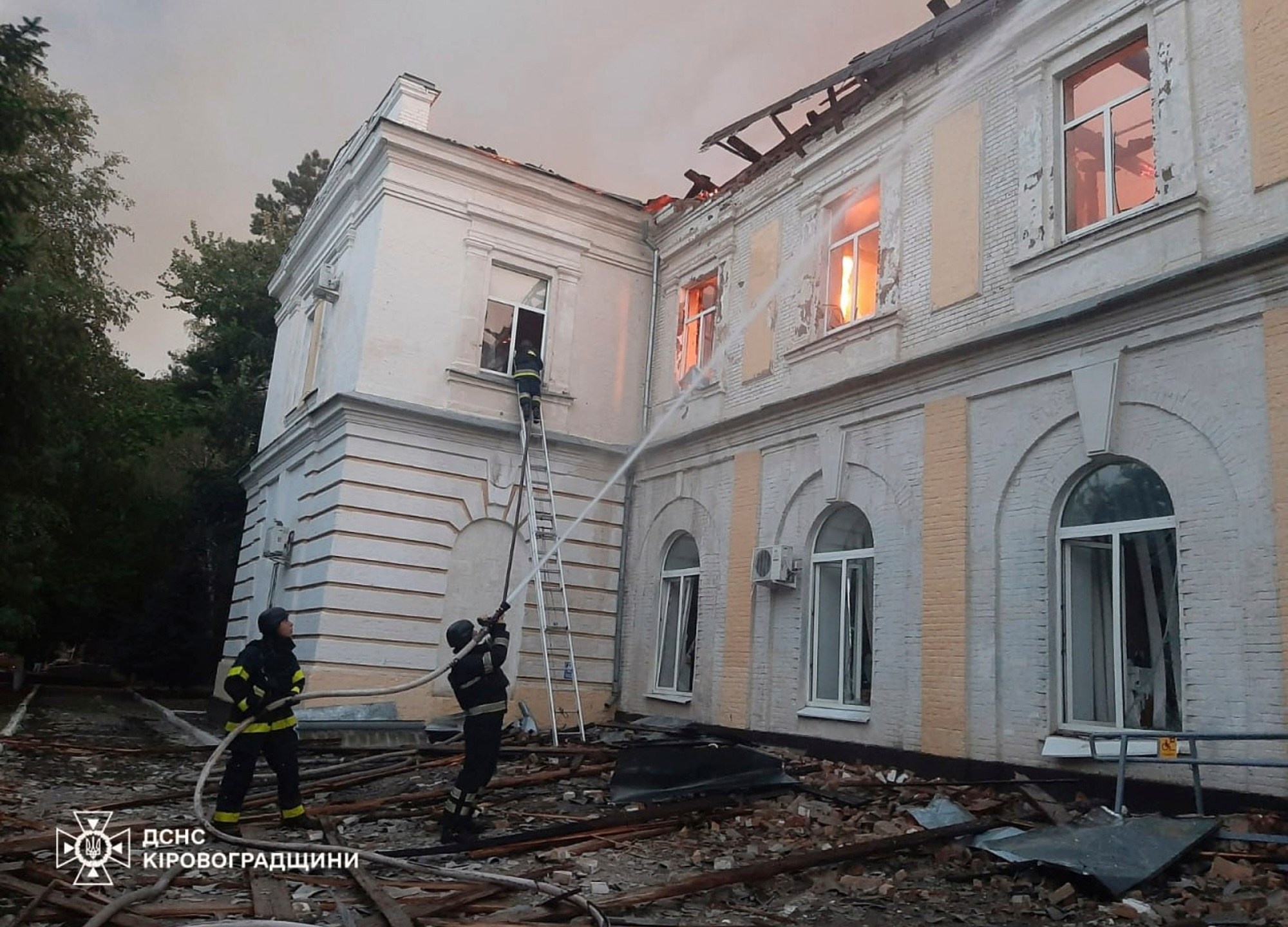 In this photo provided by the Ukrainian Emergency Service, firefighters put out the fire in a fire department school following a Russian air attack in Kropyvnytskyi, Ukraine, Monday, July 28, 2025. (Ukrainian Emergency Service via AP)