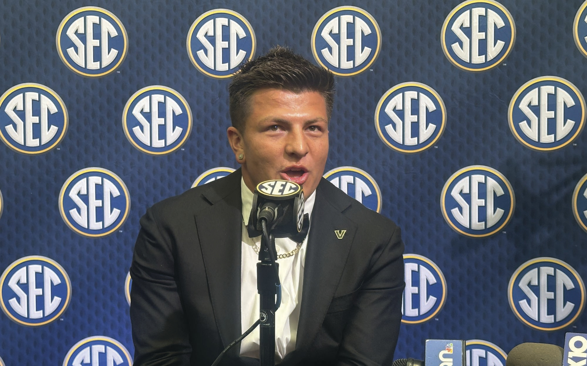 Vanderbilt Quarterback Diego Pavia discusses upcoming football season during the SEC Media Day, Monday, Jul. 14, 2025 at the College Football Hall of Fame in Atlanta. (Hunter Dawkins/The Gazebo Gazette via AP)