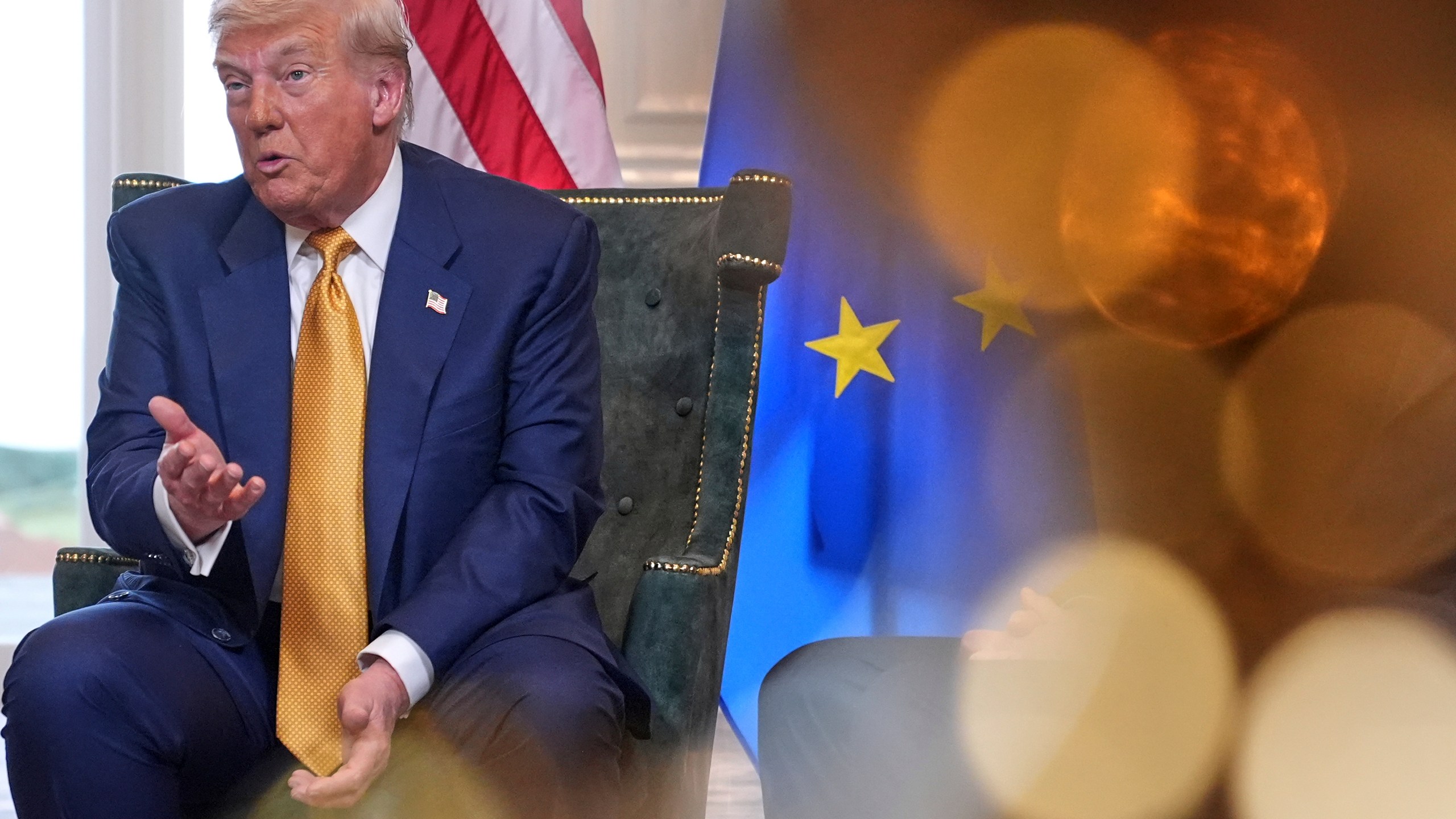President Donald Trump speaks as he meets European Commission President Ursula von der Leyen at the Trump Turnberry golf course in Turnberry, Scotland Sunday, July 27, 2025. (AP Photo/Jacquelyn Martin)