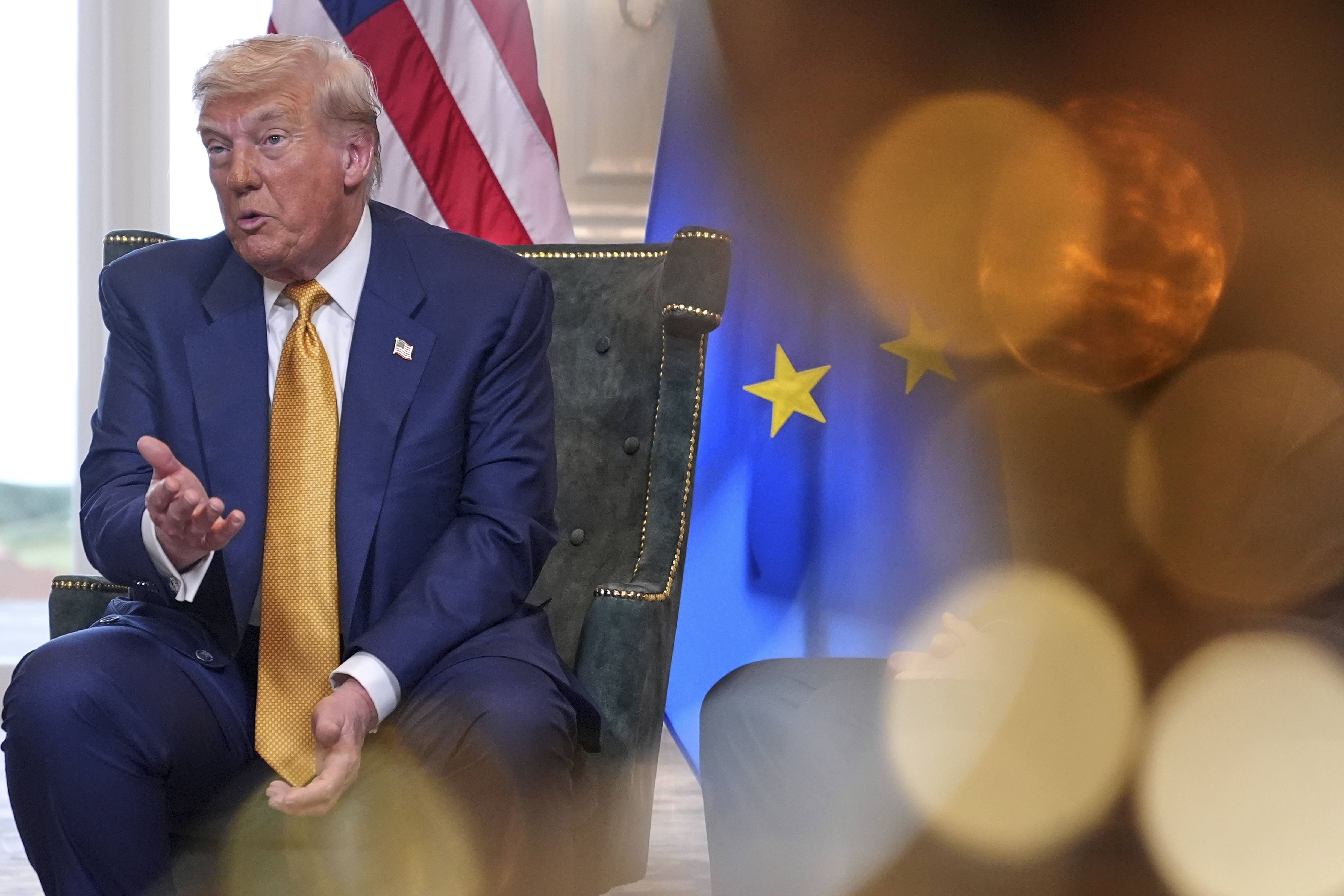 President Donald Trump speaks as he meets European Commission President Ursula von der Leyen at the Trump Turnberry golf course in Turnberry, Scotland Sunday, July 27, 2025. (AP Photo/Jacquelyn Martin)