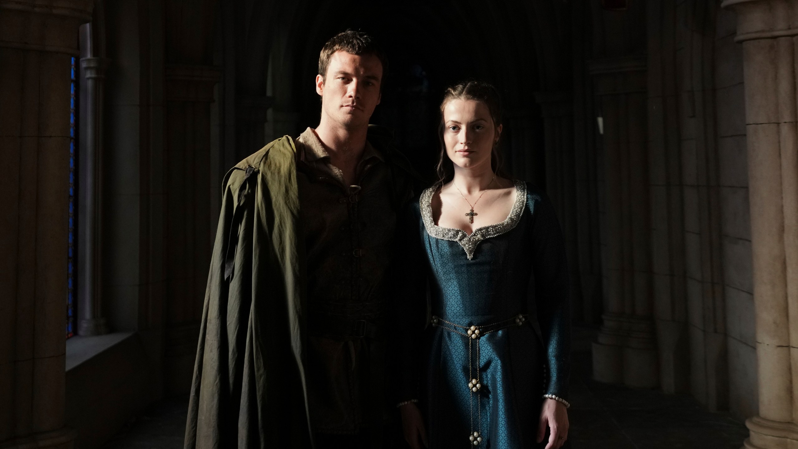 Actor Jack Patten as Robin, left, poses with actor Lauren McQueen as Marian after an interview with The Associated Press about the Robin Hood ten-episode season in Belgrade, Serbia, Monday, May 5, 2025. (AP Photo/Darko Vojinovic)
