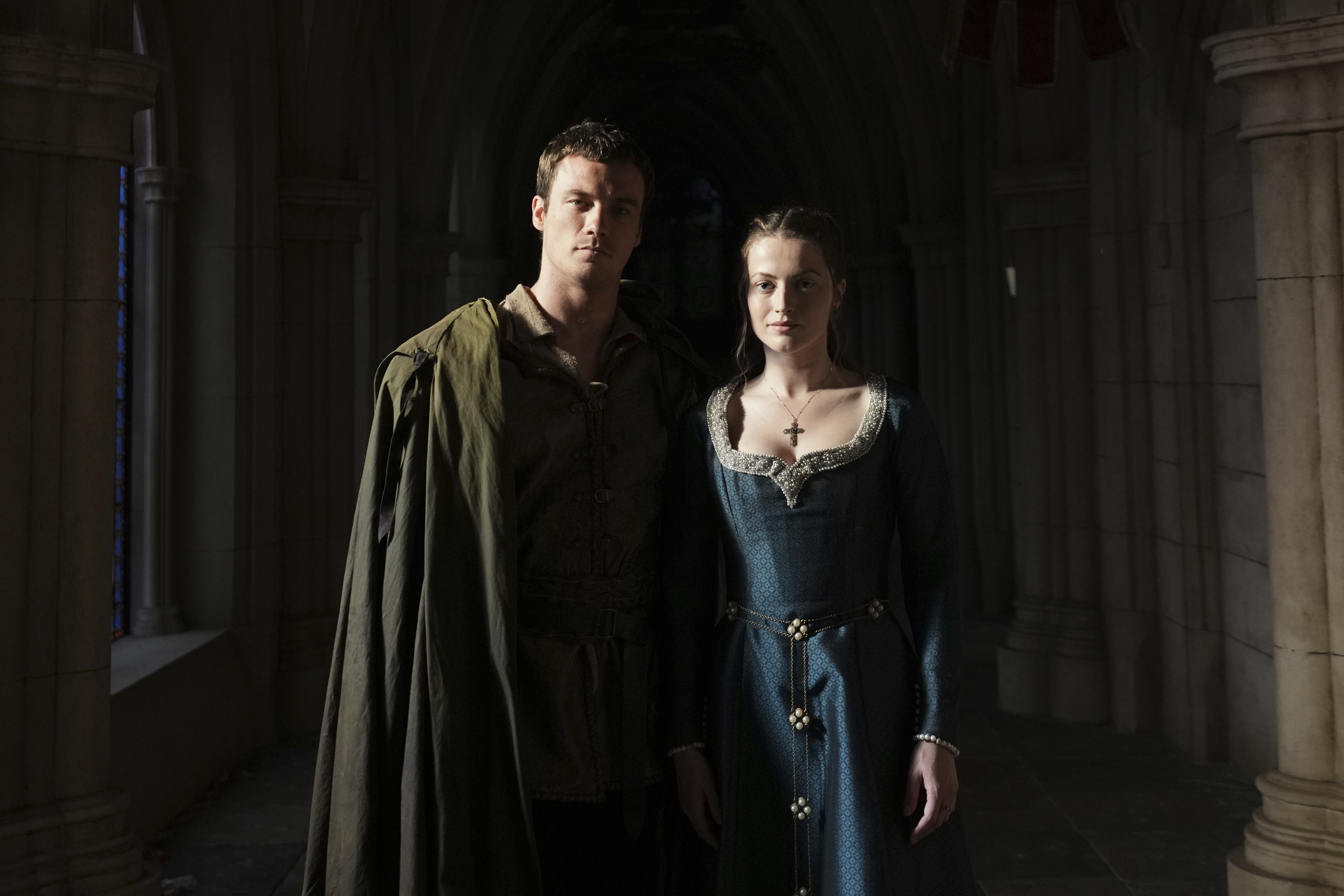 Actor Jack Patten as Robin, left, poses with actor Lauren McQueen as Marian after an interview with The Associated Press about the Robin Hood ten-episode season in Belgrade, Serbia, Monday, May 5, 2025. (AP Photo/Darko Vojinovic)