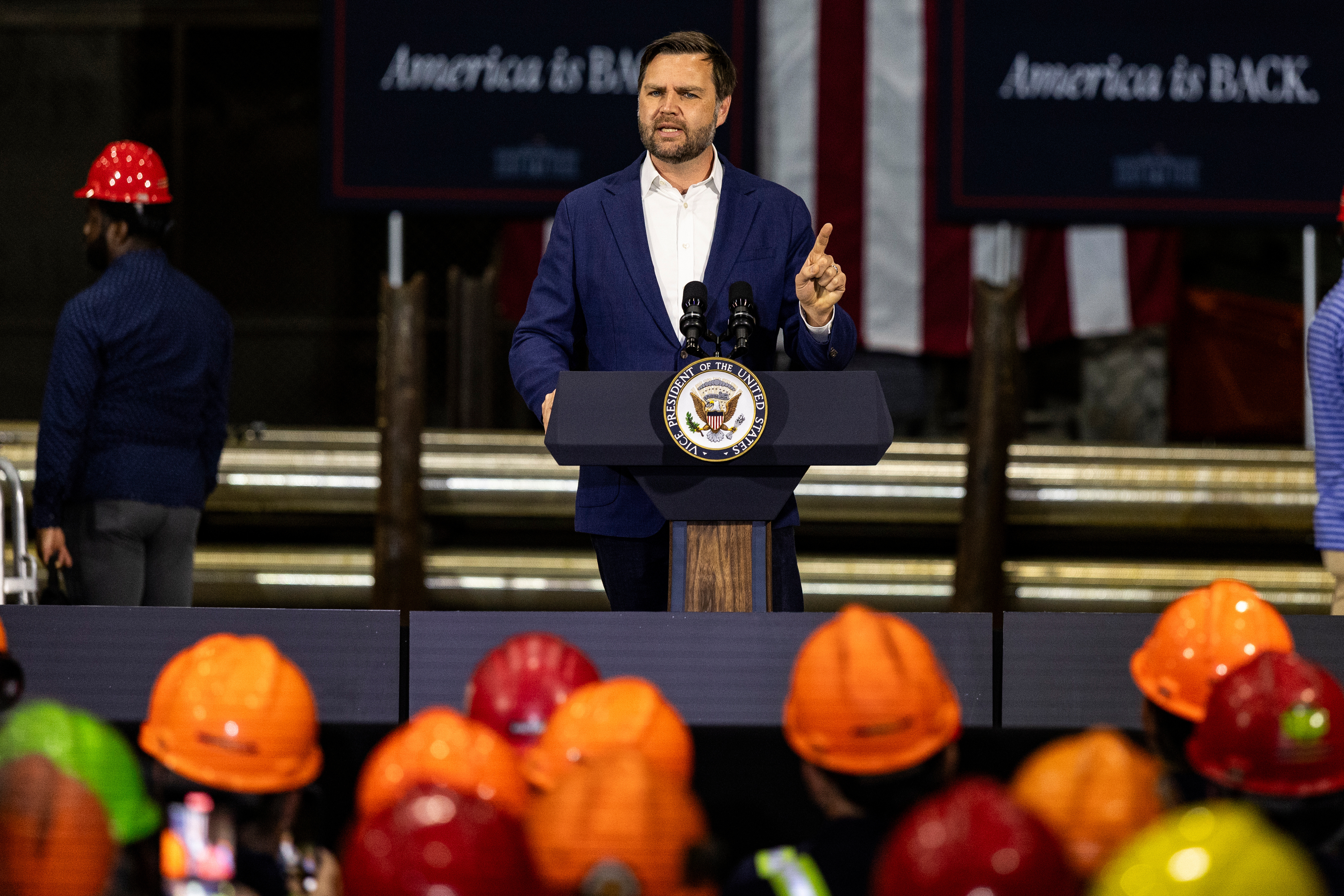 Vice President JD Vance speaks at the Metallus plant, Monday, July 28, 2025, in Canton, Ohio. (AP Photo/Lauren Leigh Bacho)