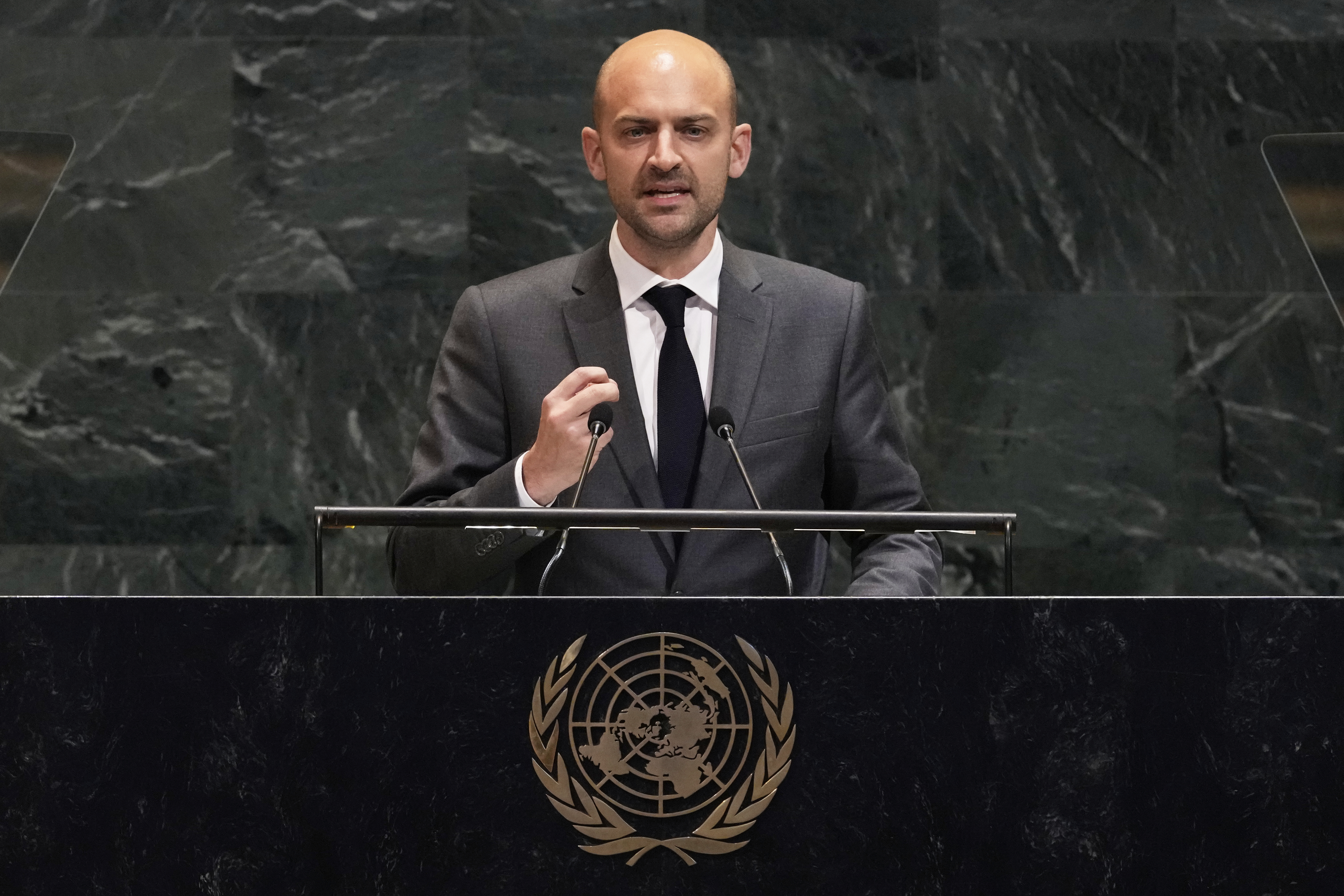 France's Foreign Minister Jean-Noel Barrot addresses the United Nations General Assembly, Monday, July 28, 2025. (AP Photo/Richard Drew)