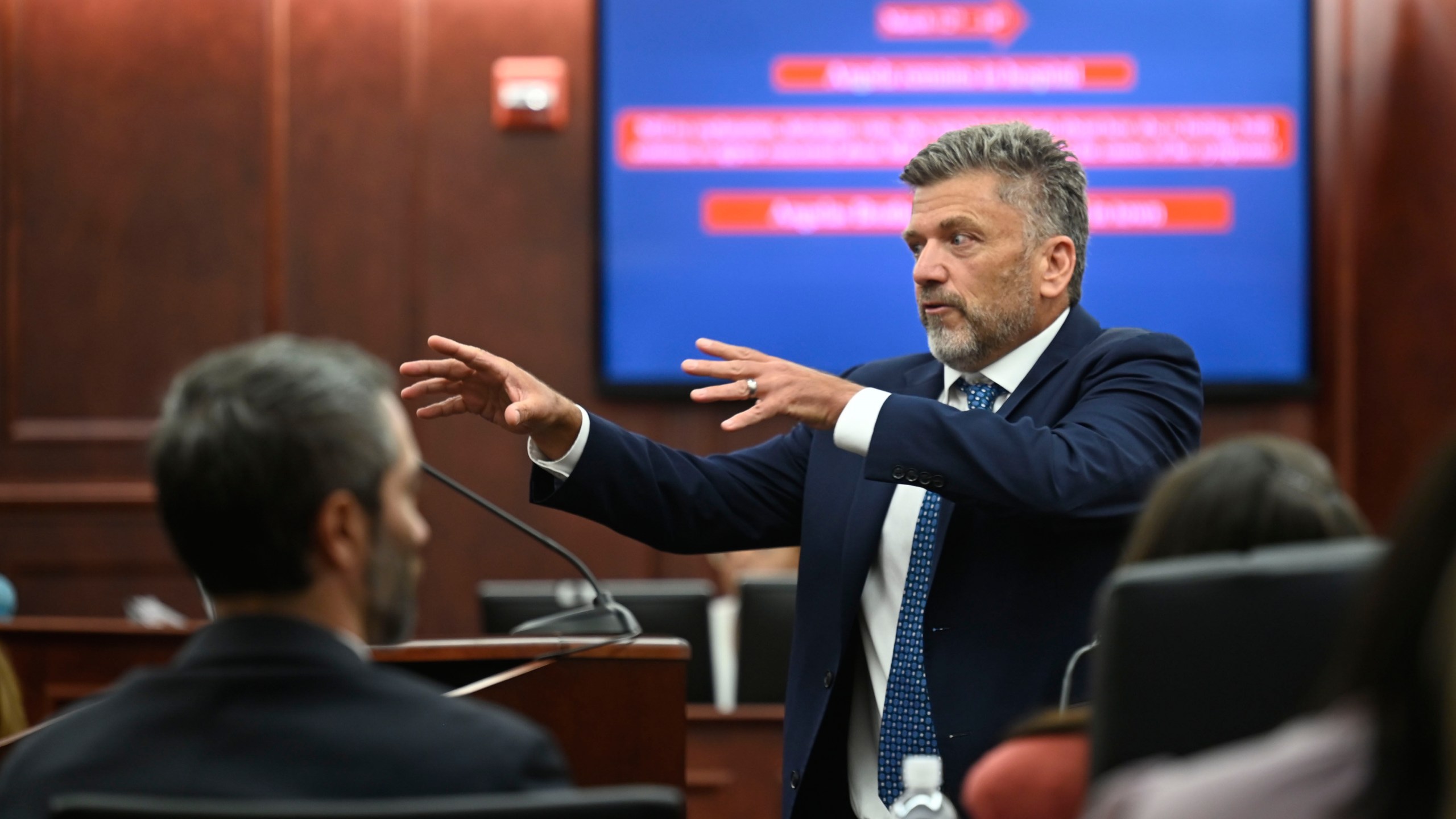 Ryan Brackley, a lawyer for the prosecution, delivers his opening arguments during the murder trial for James Craig, accused of killing his wife, at the Arapahoe District Court, Tuesday, July 15, 2025, in Centennial, Colo. (Stephen Swofford via Denver Gazette, Pool)