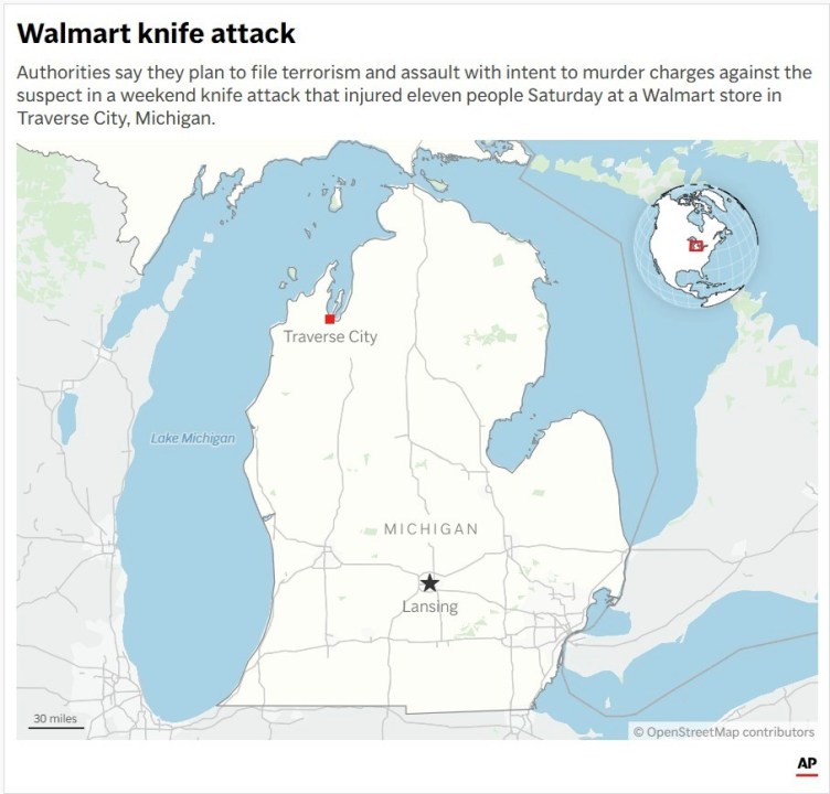 Map of Michigan locating Traverse City and Lansing. (AP Digital Embed)
