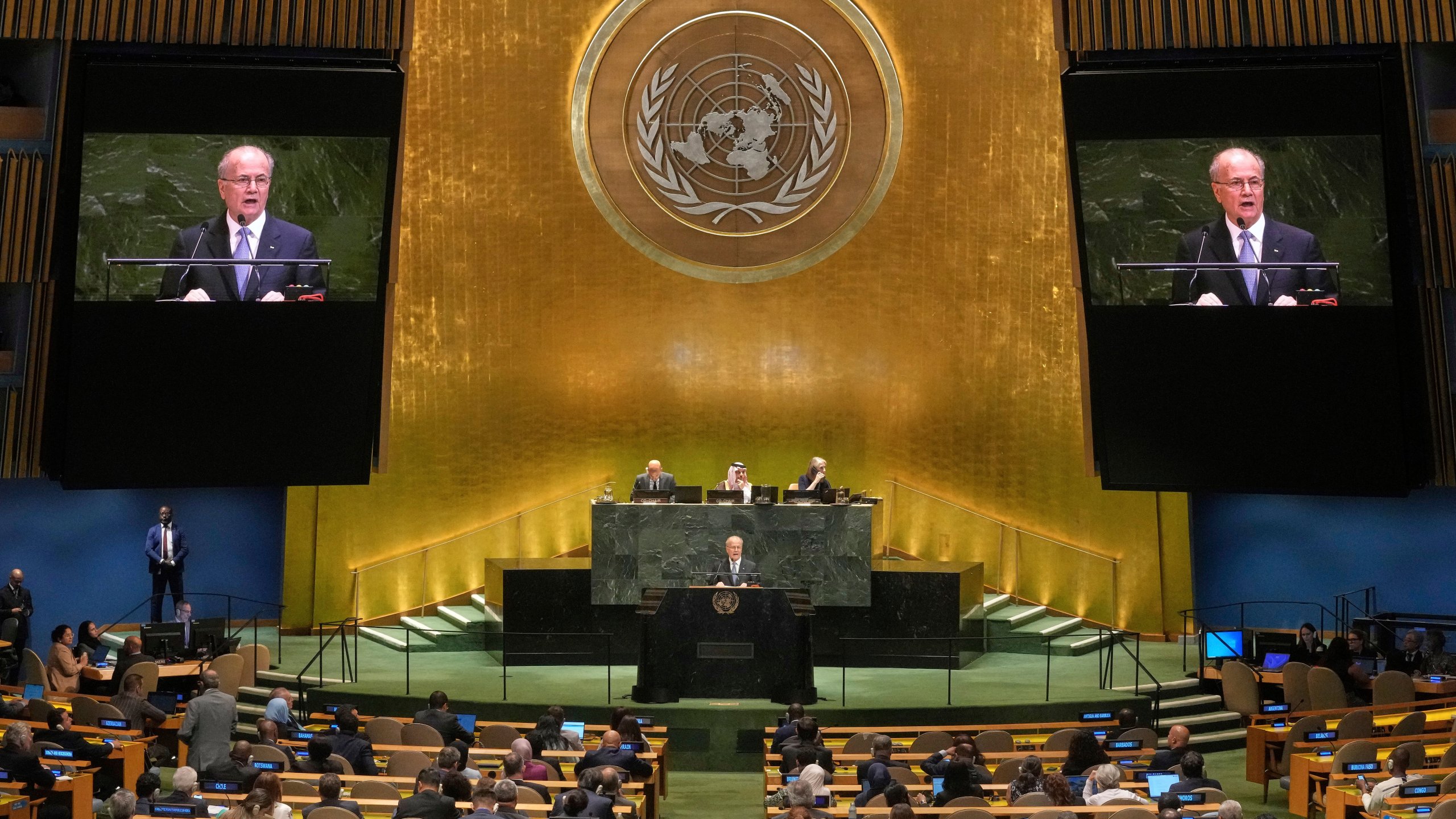 Palestine Prime Minister Mohammed Mustafa addresses the United Nations General Assembly, Monday, July 28, 2025. (AP Photo/Richard Drew)