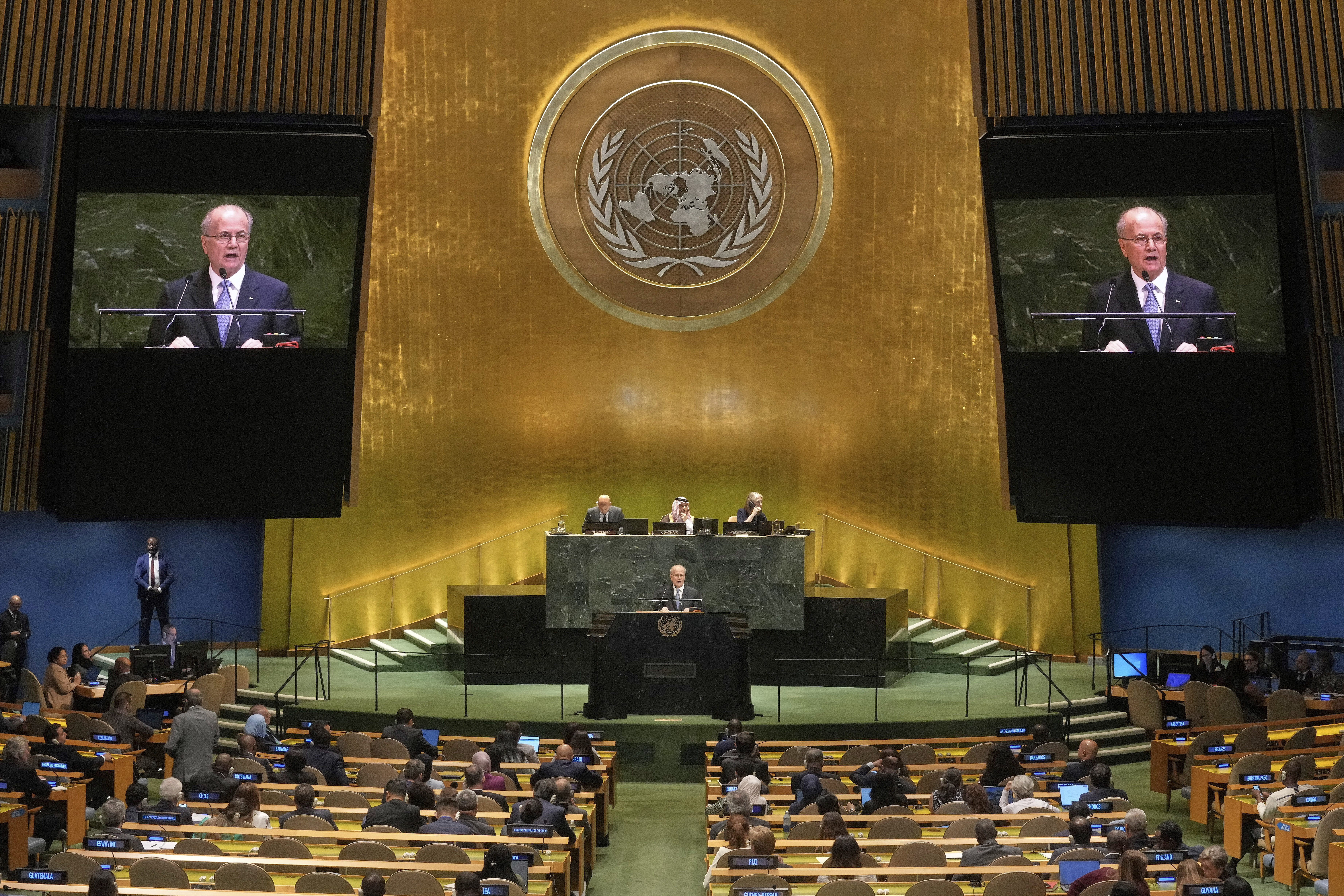 Palestine Prime Minister Mohammed Mustafa addresses the United Nations General Assembly, Monday, July 28, 2025. (AP Photo/Richard Drew)