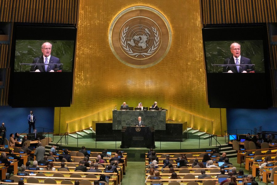 Palestine Prime Minister Mohammed Mustafa addresses the United Nations General Assembly, Monday, July 28, 2025. (AP Photo/Richard Drew)
