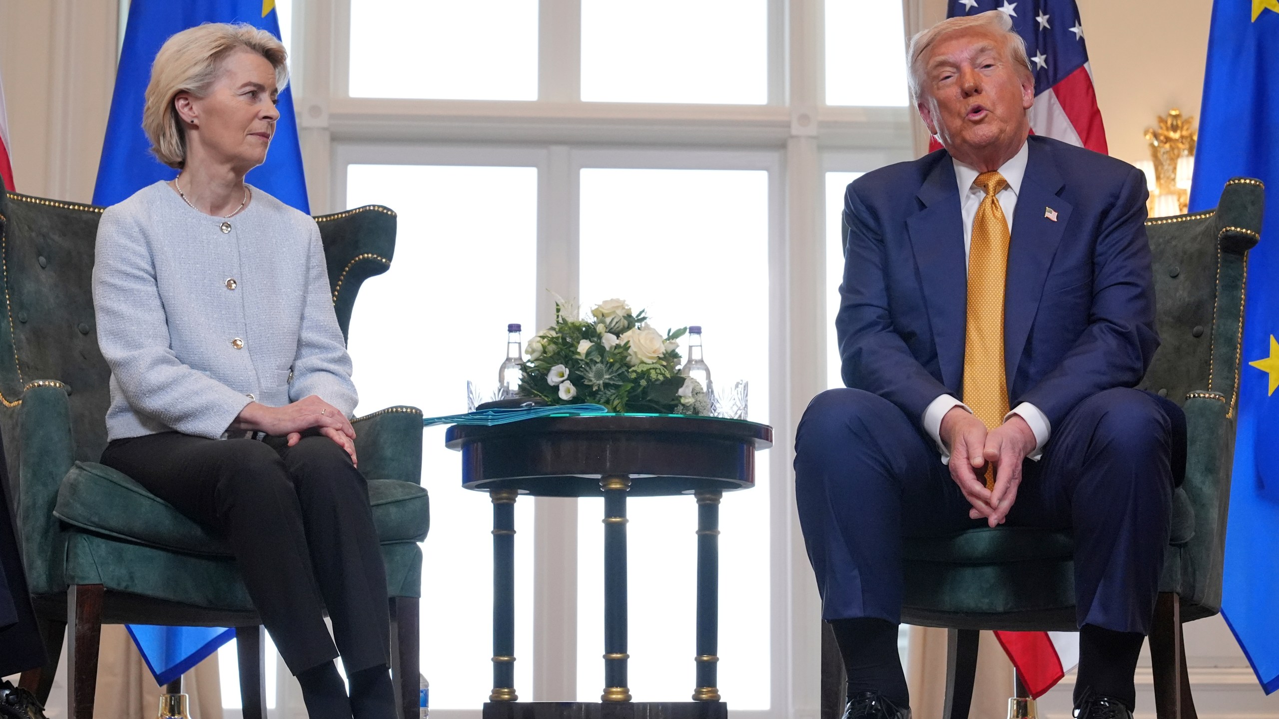 President Donald Trump meets European Commission President Ursula von der Leyen at the Trump Turnberry golf course in Turnberry, Scotland Sunday, July 27, 2025. (AP Photo/Jacquelyn Martin)
