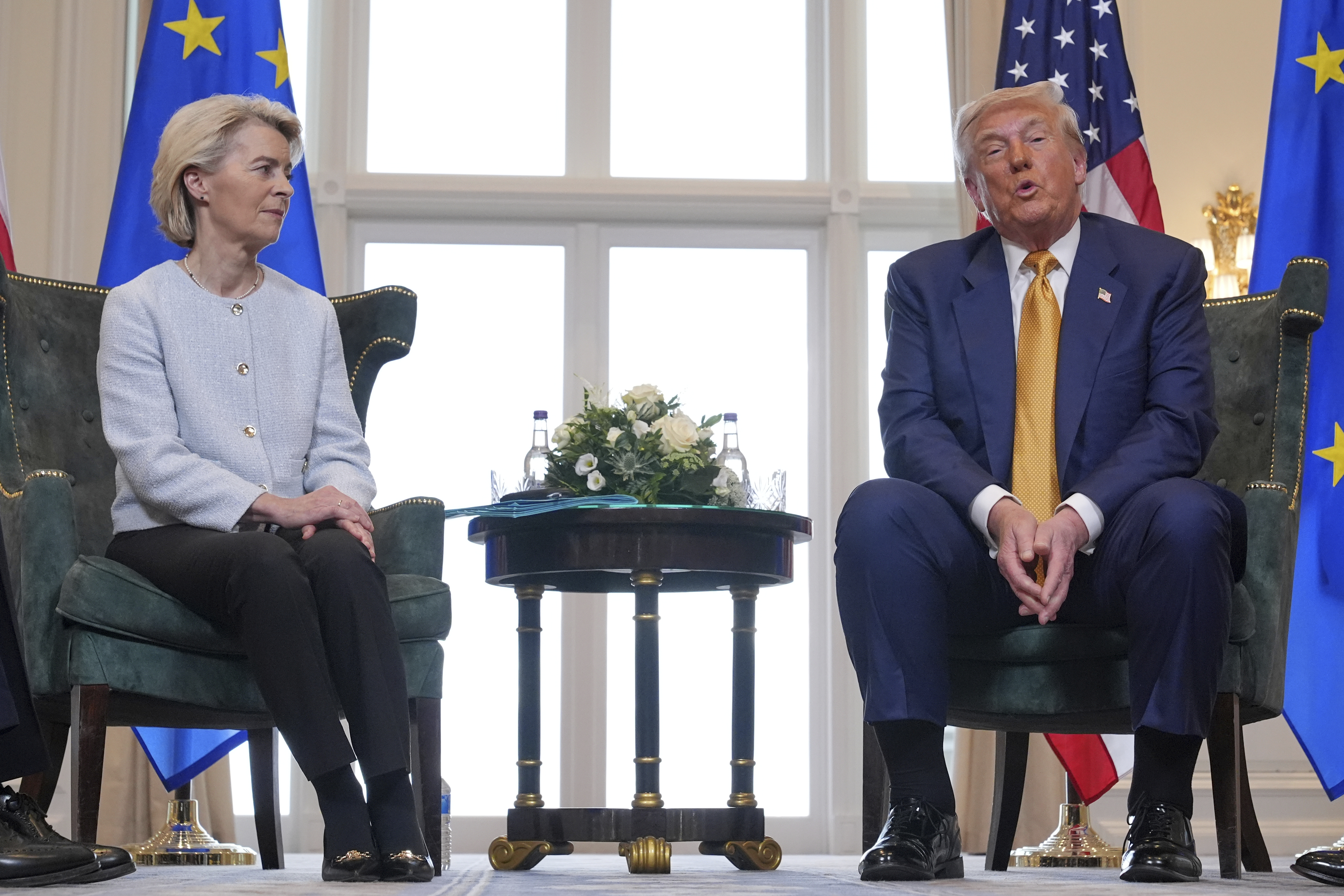 President Donald Trump meets European Commission President Ursula von der Leyen at the Trump Turnberry golf course in Turnberry, Scotland Sunday, July 27, 2025. (AP Photo/Jacquelyn Martin)