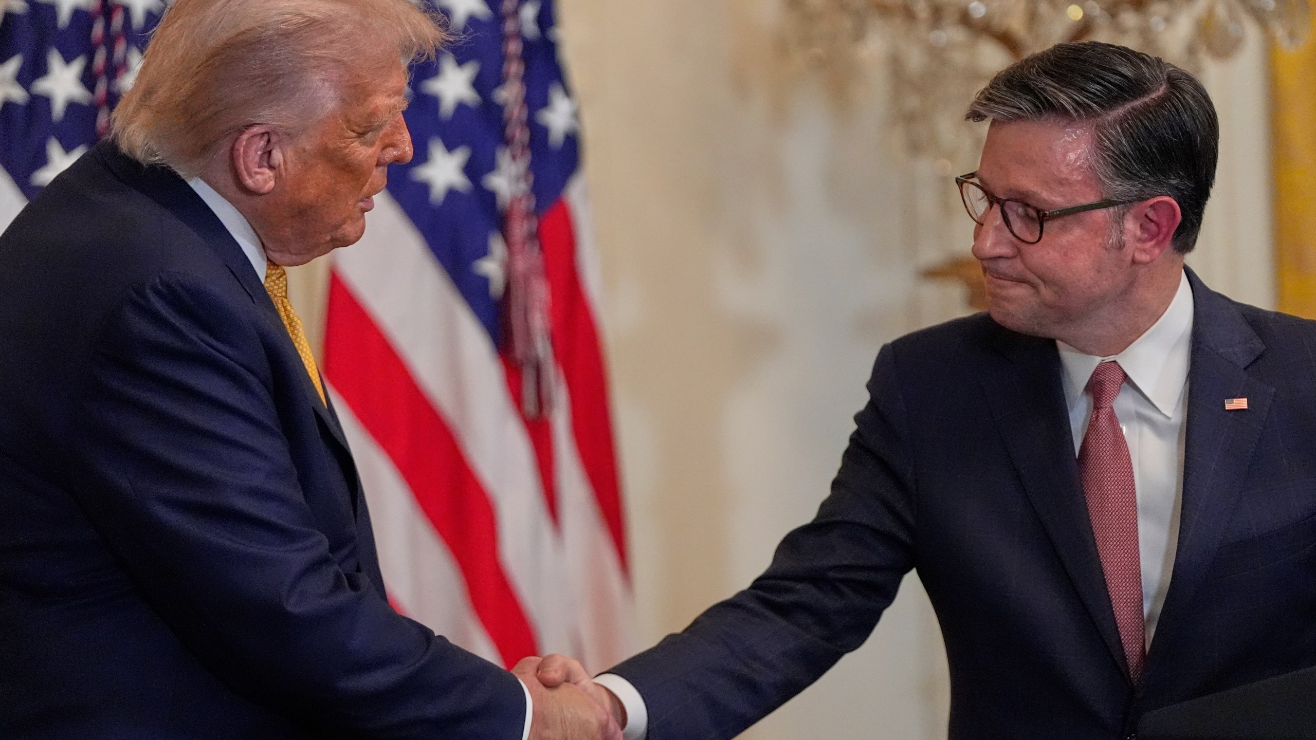 President Donald Trump shakes hands with House Speaker Mike Johnson of La., during a reception for Republican members of Congress in the East Room of the White House, Tuesday, July 22, 2025, in Washington. (AP Photo/Julia Demaree Nikhinson)