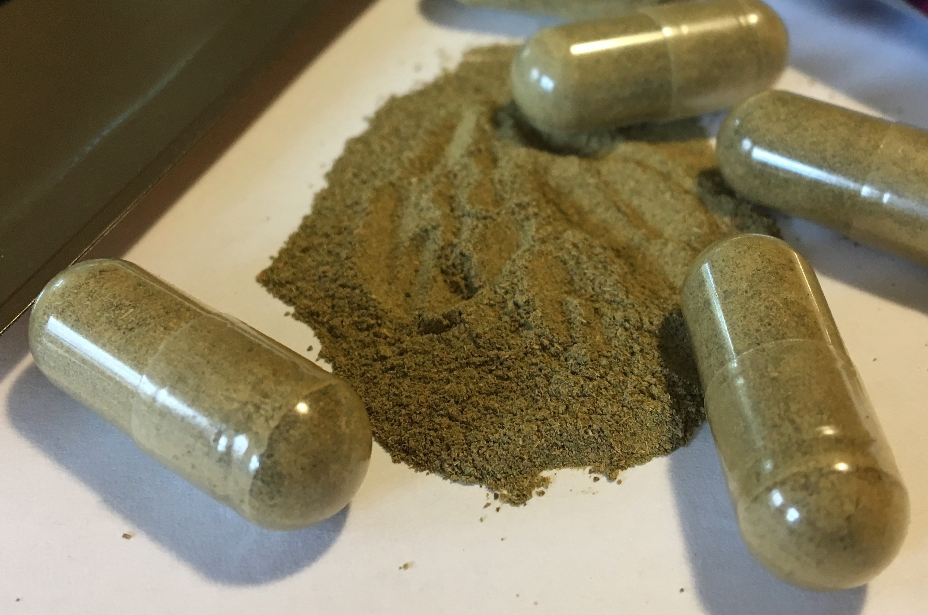 FILE - This Sept. 27, 2017 file photo shows kratom capsules in Albany, N.Y. (AP Photo/Mary Esch, File)
