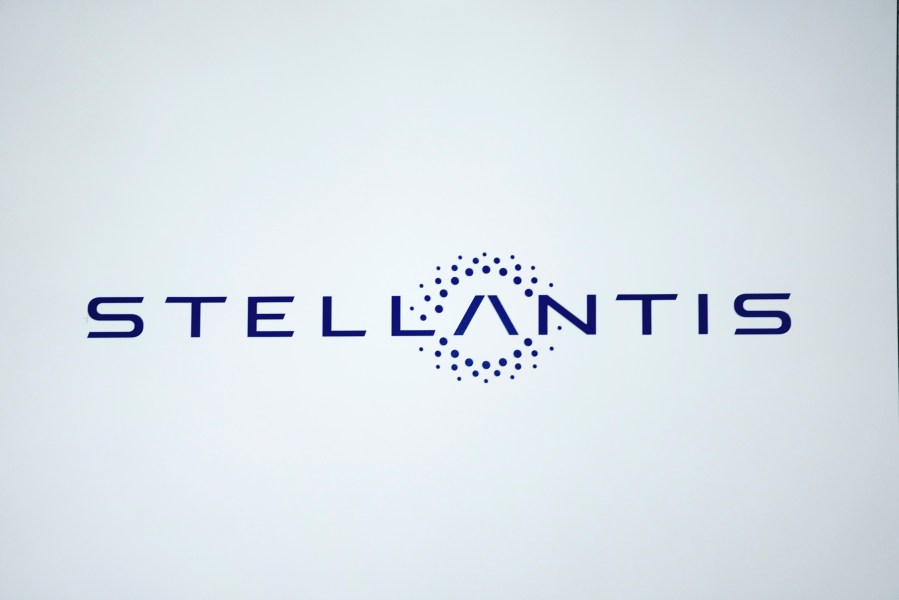 FILE - A Stellantis logo is shown at the North American International Auto Show in Detroit, Sept. 13, 2023. (AP Photo/Paul Sancya, File)