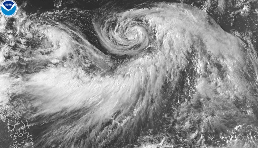 This satellite image provided by the National Oceanic and Atmospheric Administration (NOAA) shows Hurricane Iona forming in the central Pacific Ocean, Monday, July 28, 2025. (NOAA via AP)