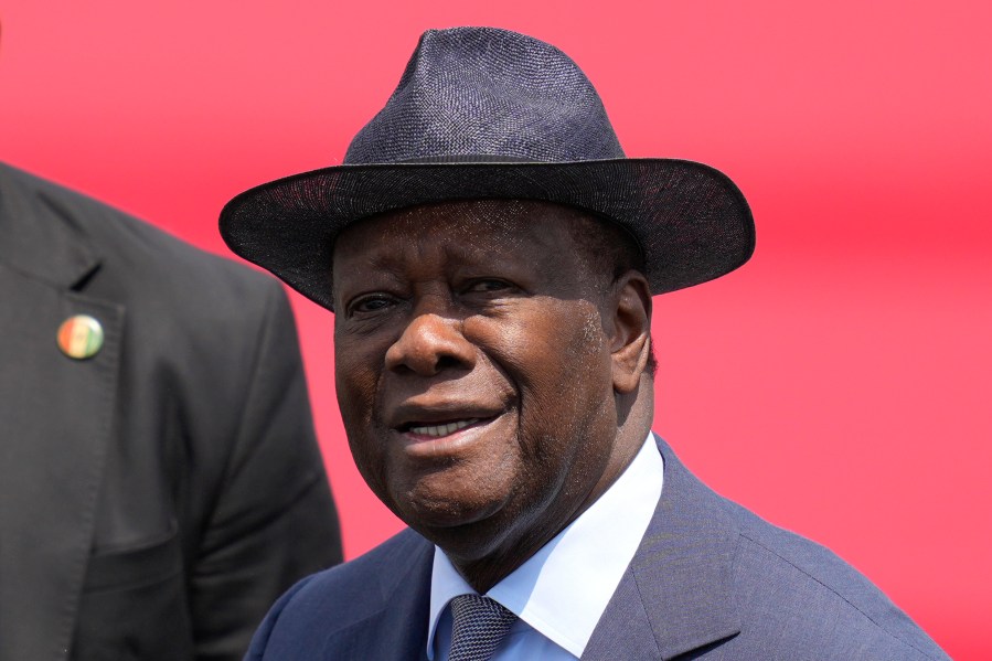 FILE - Ivory Coast's President Alassane Ouattara arrives at the Seoul airport in Seongnam, South Korea, for the 2024 South Korea-Africa Summit, Sunday, June 2, 2024. (AP Photo/Lee Jin-man, file)