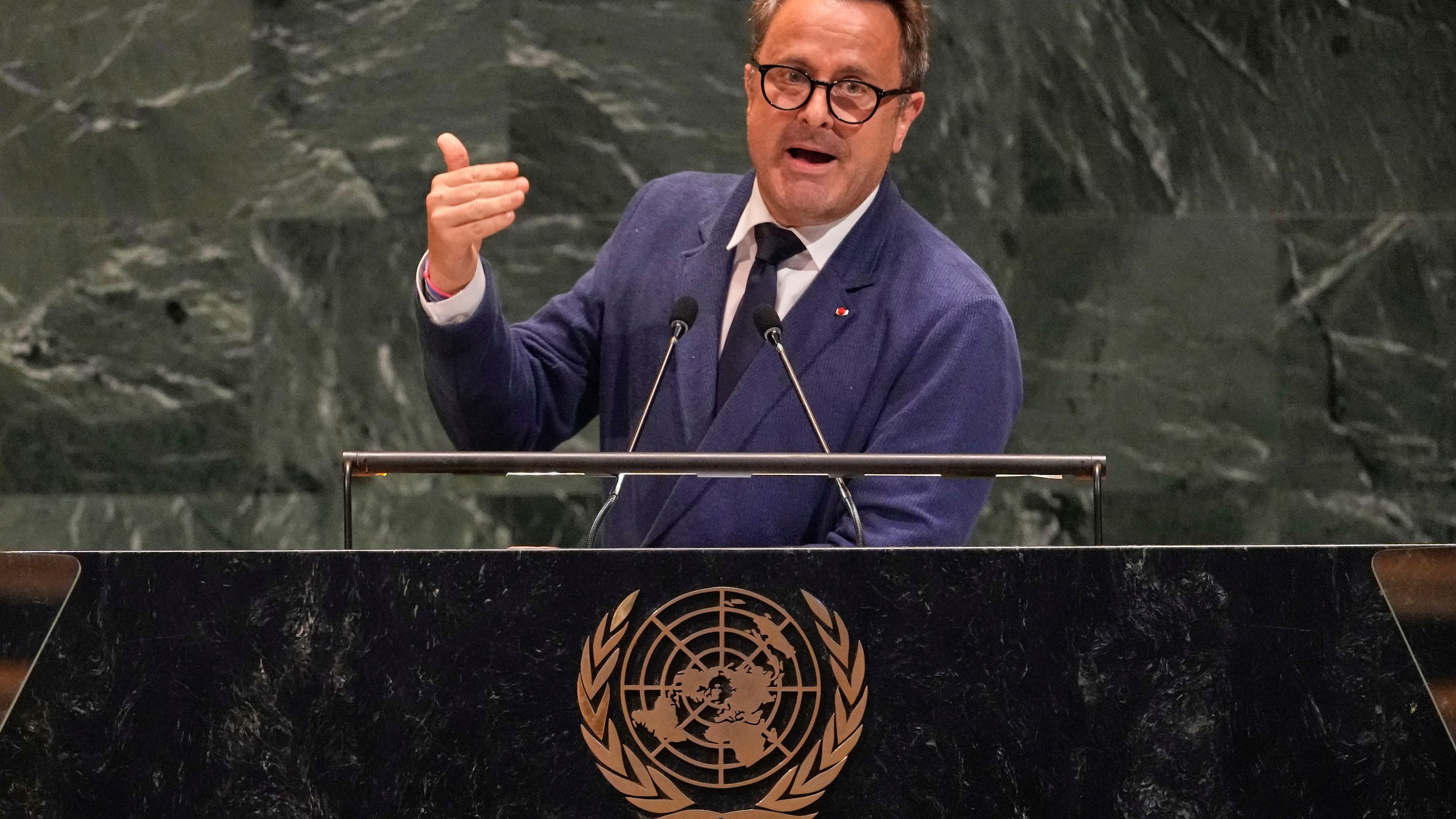 Luxembourg Deputy Prime Minister and Foreign Minister Xavier Bettel addresses the United Nations General Assembly, Monday, July 28, 2025. (AP Photo/Richard Drew)