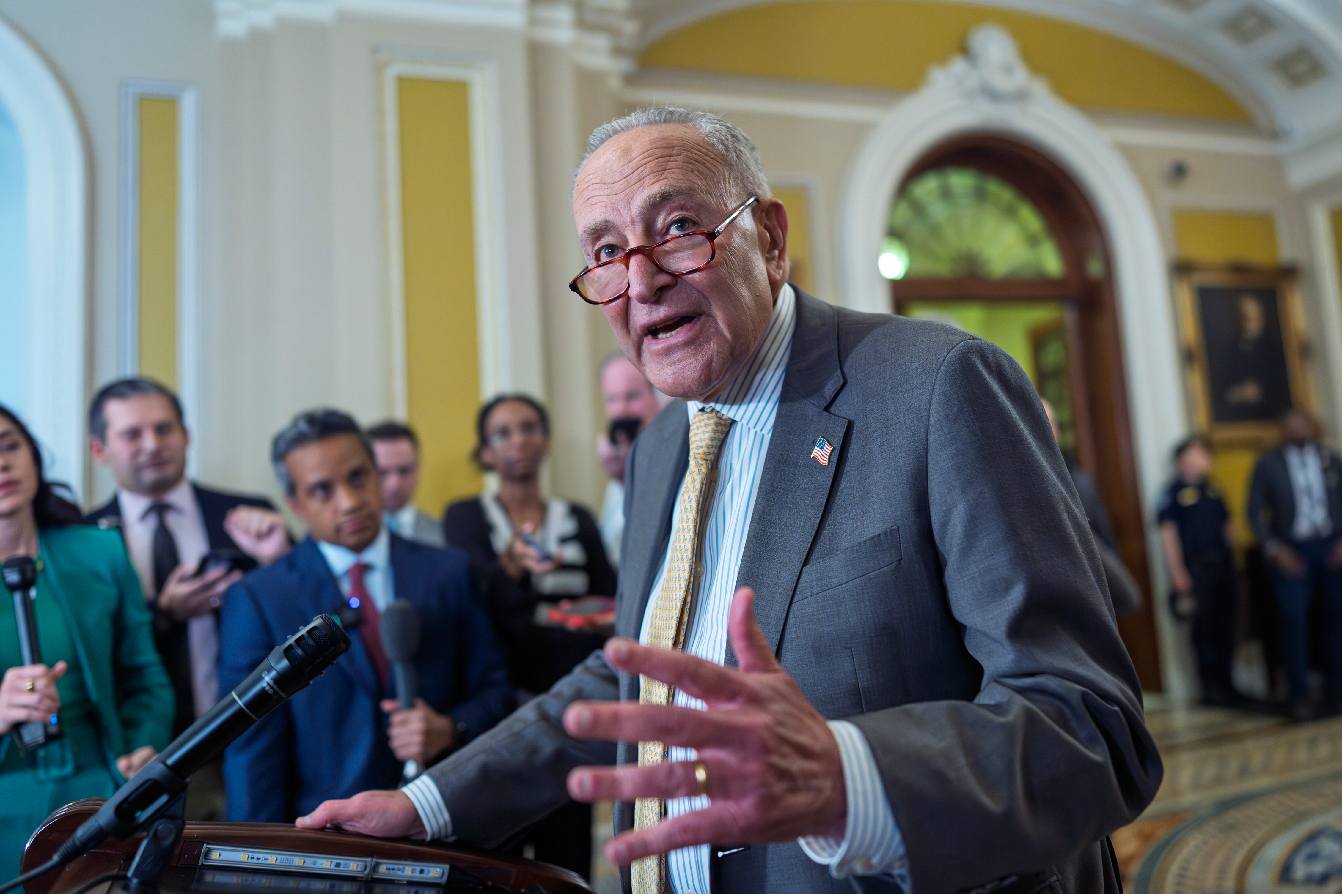 Senate Minority Leader Chuck Schumer, D-N.Y., speaks with reporters as the Senate holds its first procedural vote on Emil Bove's nomination for the 3rd Circuit Court of Appeals, at the Capitol in Washington, Tuesday, July 22, 2025. (AP Photo/J. Scott Applewhite)