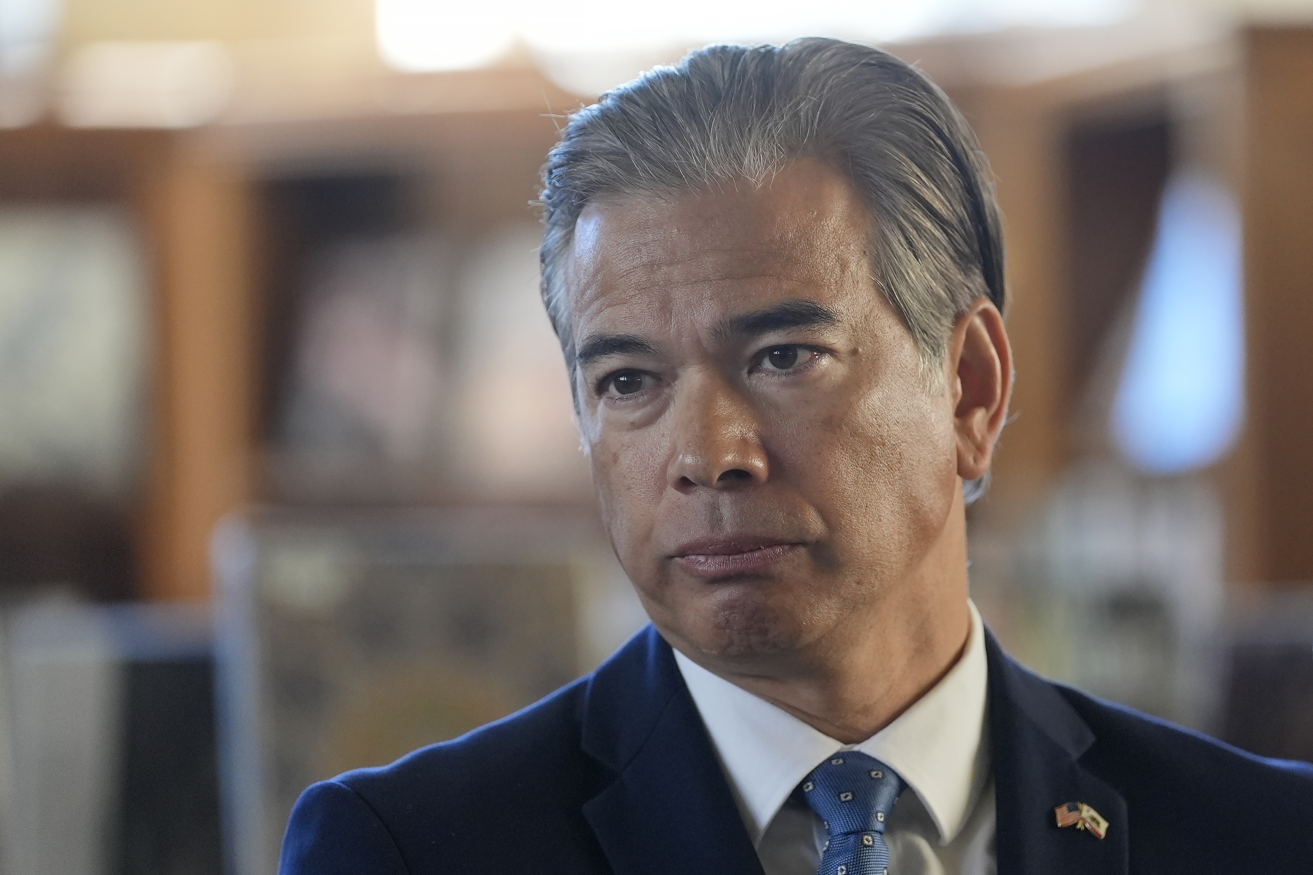 FILE - California Attorney General Rob Bonta speaks at a news conference at the San Francisco Public Library's Bernal Heights branch in San Francisco, Dec. 4, 2024. (AP Photo/Jeff Chiu, File)