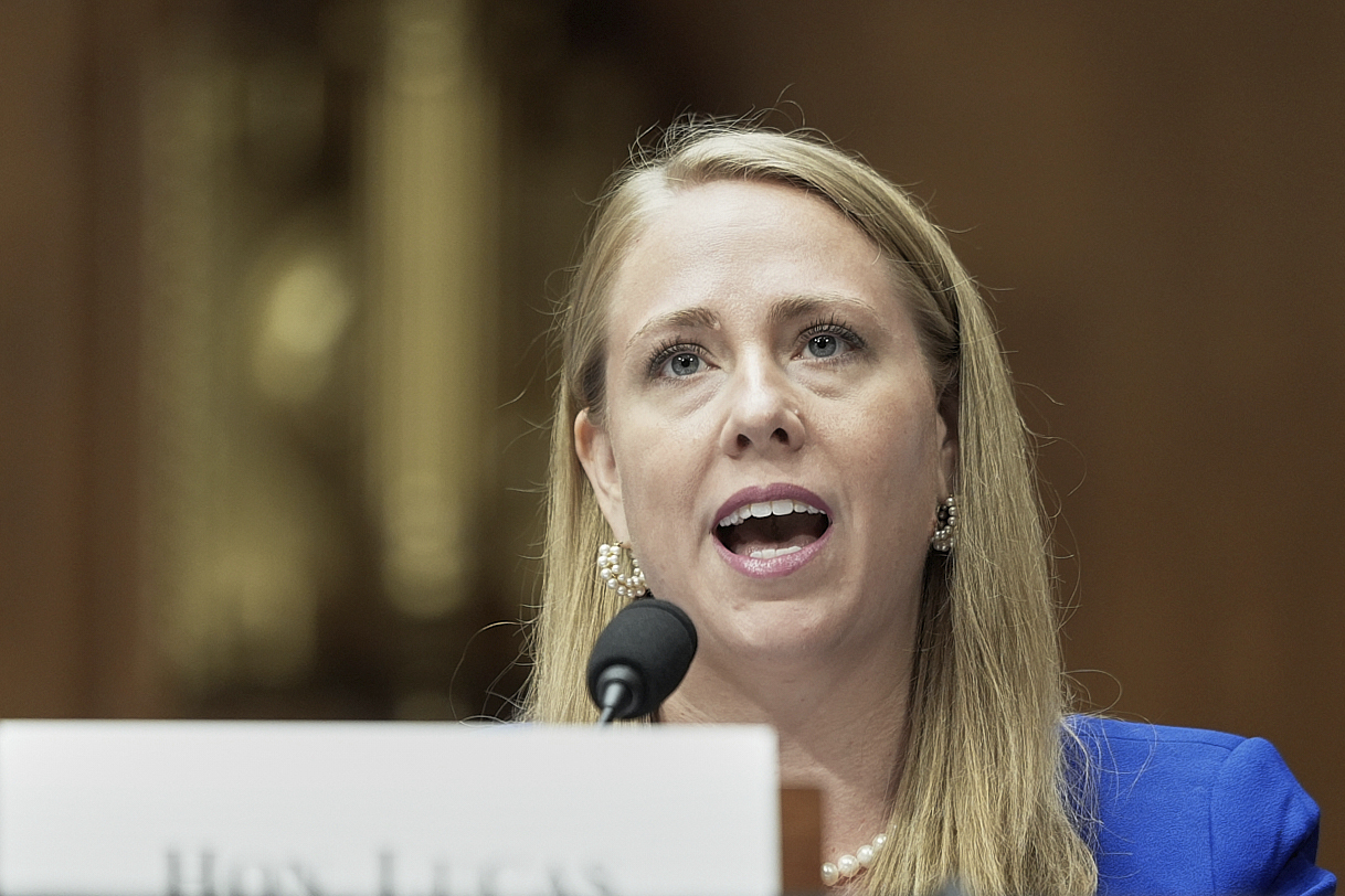 FILE - Andrea Lucas, nominee to be a member of the Equal Employment Opportunity Commission, testifies during a Senate Health, Education, Labor, and Pensions (HELP) Committee hearing, June 18, 2025, on Capitol Hill in Washington. (AP Photo/Mariam Zuhaib, File)