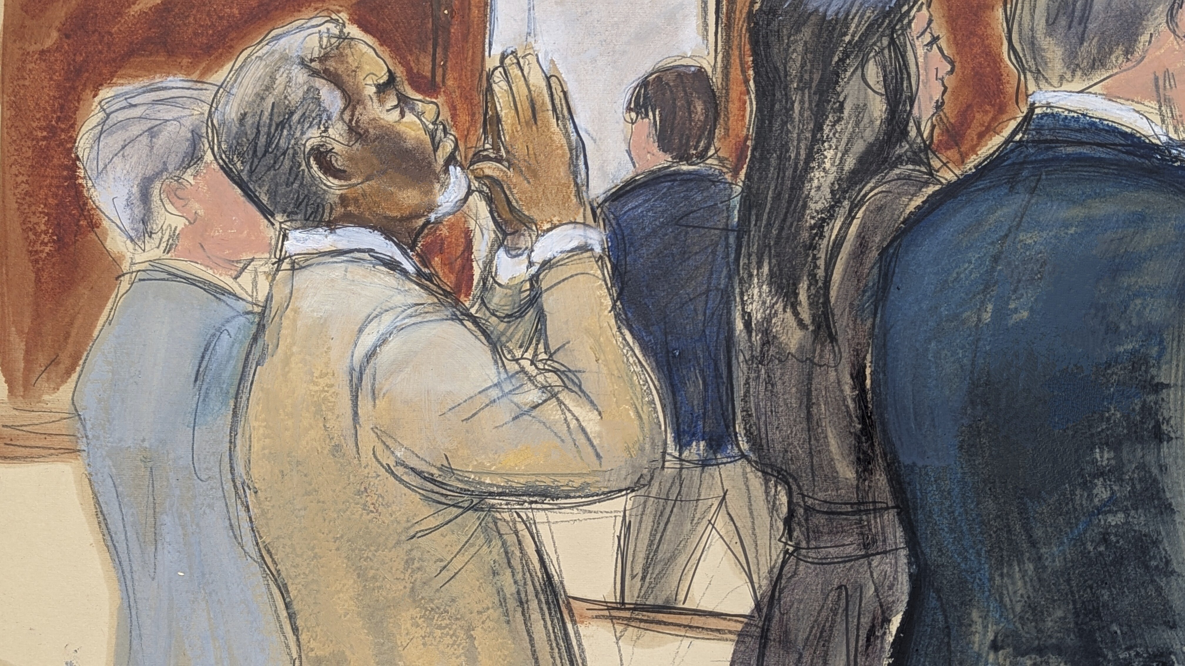 In this courtroom sketch, Sean "Diddy" Combs reacts after he was convicted of prostitution-related offenses but acquitted of sex trafficking and racketeering charges that could have put him behind bars for life, Wednesday, July 2, 2025, in Manhattan federal court in New York. (Elizabeth Williams via AP)